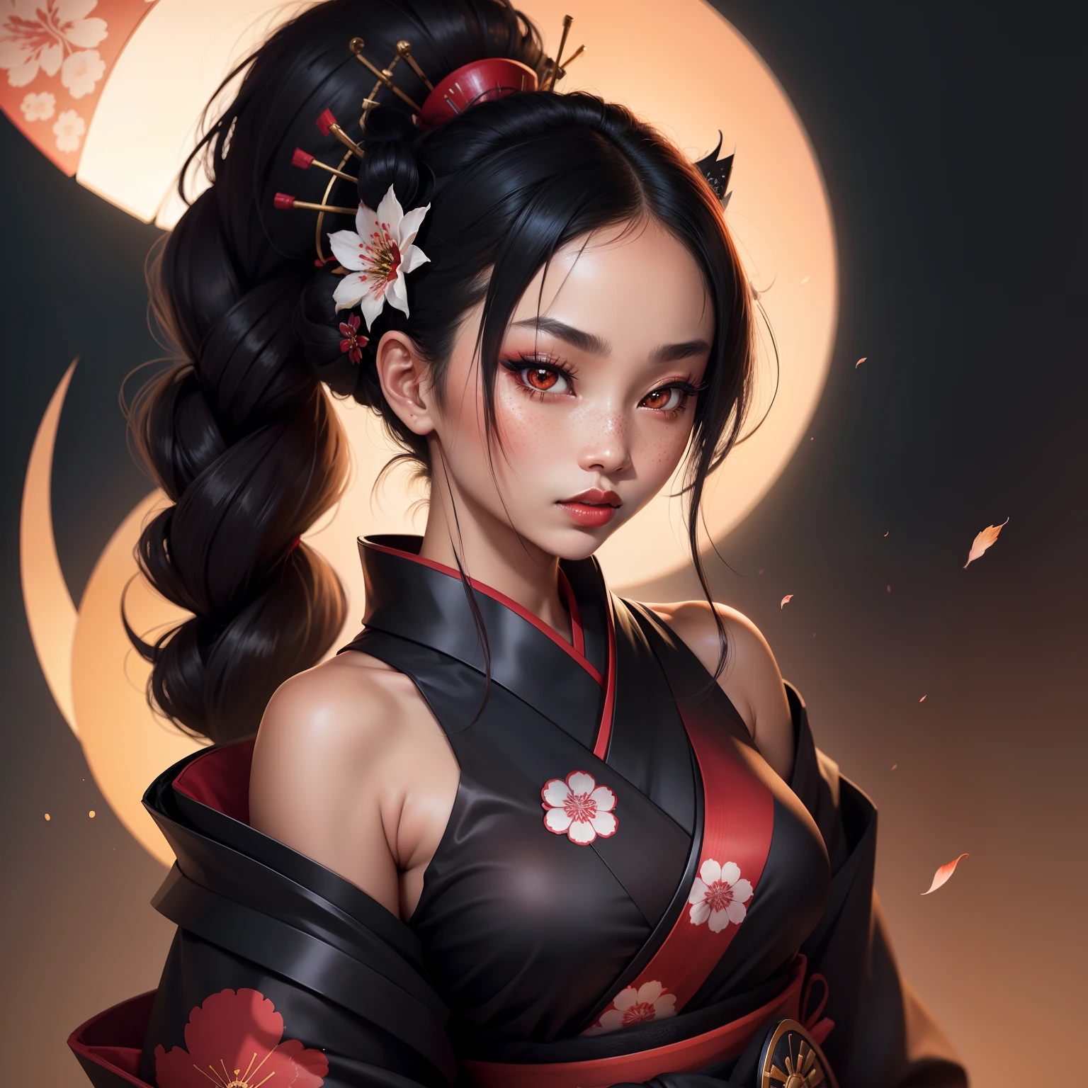 geisha, wear black kimono, black hair, red moon, dark skin complexion, cherry blossom on hair, 4k, almond eyes, big lip, logo, heart shape face, face fuller, sexy hair tied up, black eyes, dark red lipstick, female samurai warrior, swords, face shots, head shots, freckles on the face, up close head face shots, full hair, brown skin tanned