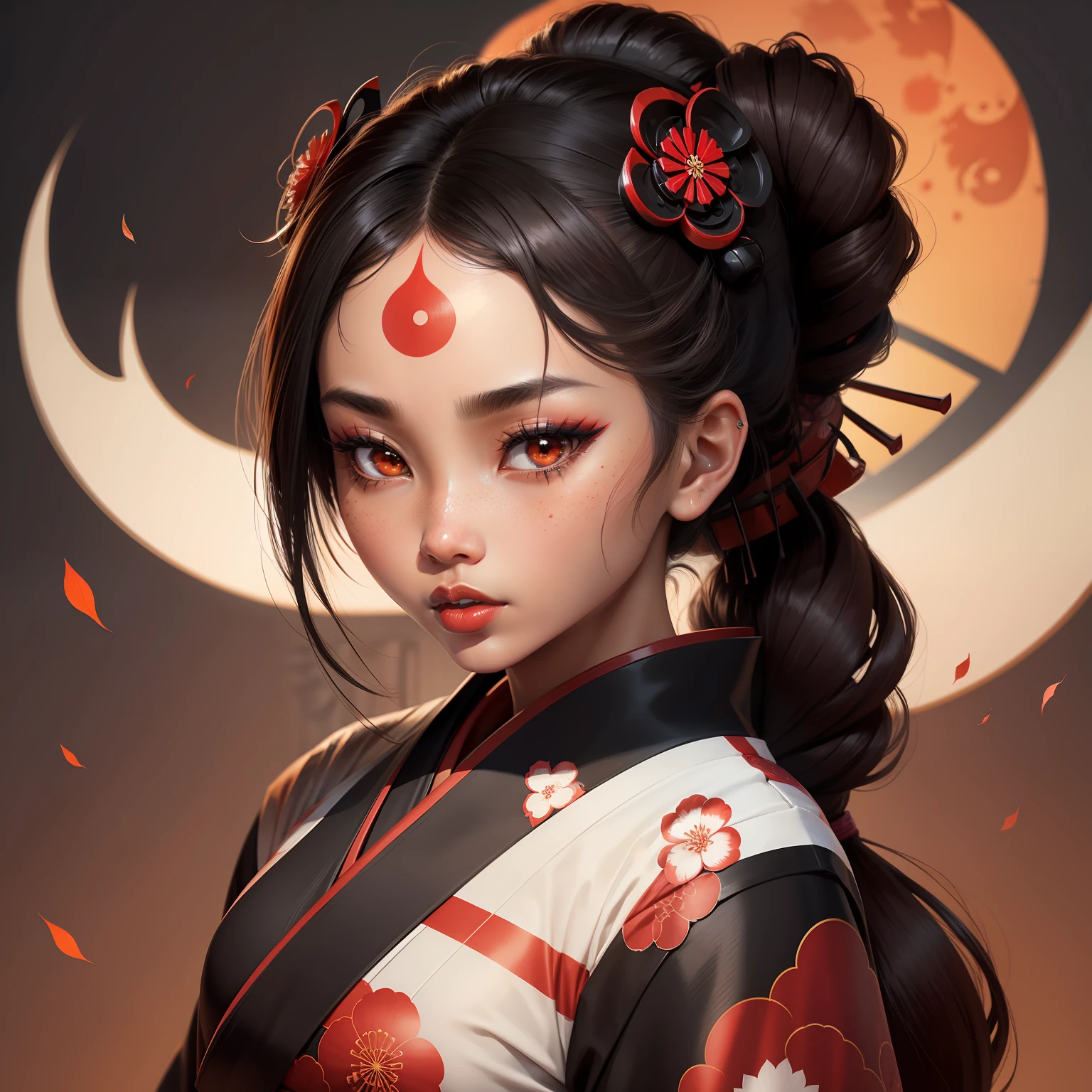 geisha, wear black kimono, black hair, red moon, dark skin complexion, cherry blossom on hair, 4k, almond eyes, big lip, logo, heart shape face, face fuller, sexy hair tied up, black eyes, dark red lipstick, female samurai warrior, swords, face shots, head shots, freckles on the face, up close head face shots, full hair, brown skin tanned