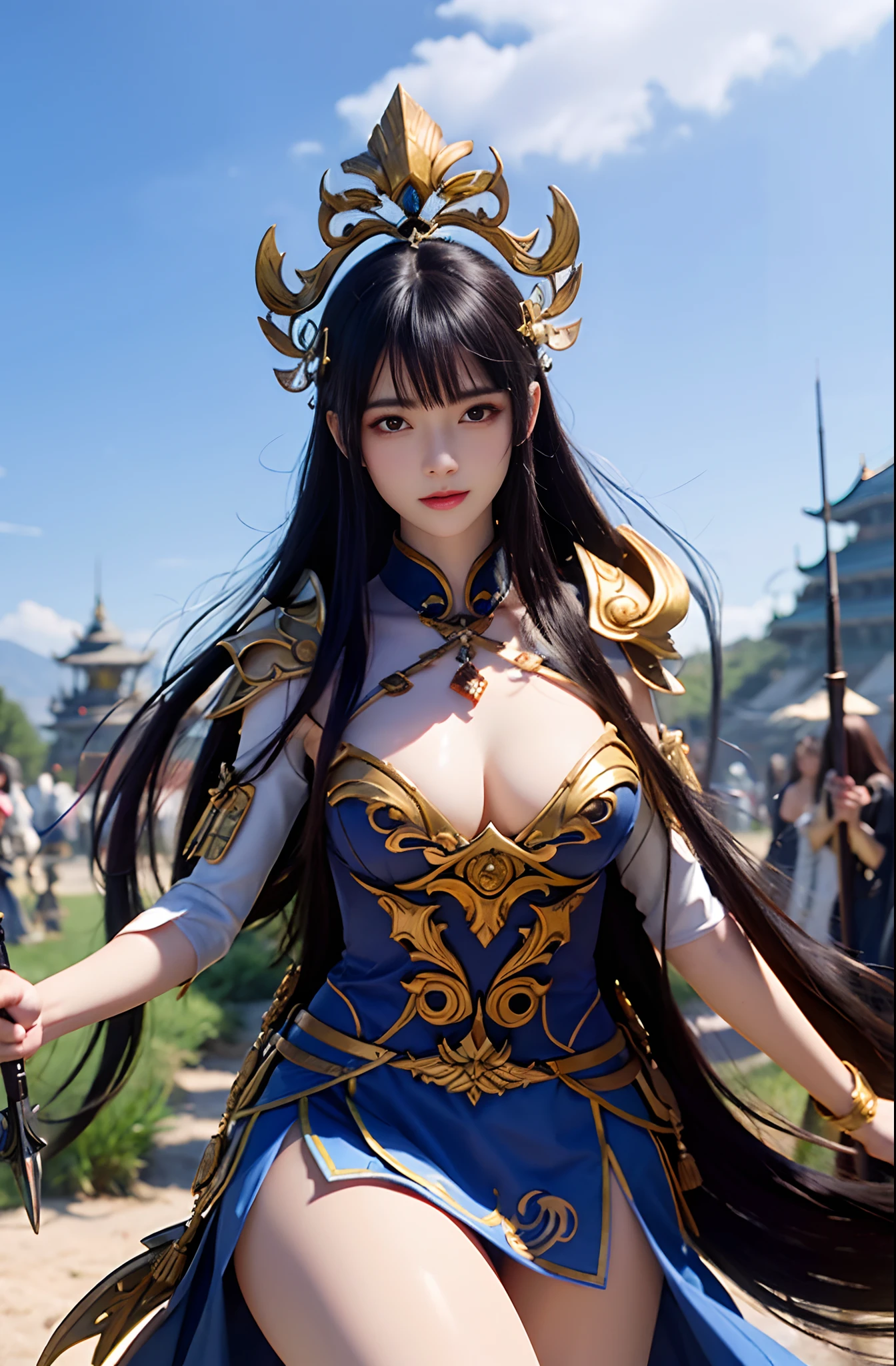 Close-up of a woman in a battle armor holding a spear in her hand,Bust photo,Goose egg face,A melancholy look,Long black hair fluttering,Long legs,big breasts thin waist,Front close-up background fantasy forest anime fantasy illustration,2.5D CGL anime fantasy artwork,Chinese fantasy,xianxia fantasy,Fantasy art style,Beautiful character drawing Beautiful fantasy woman Clear face,Super detail, super clear,