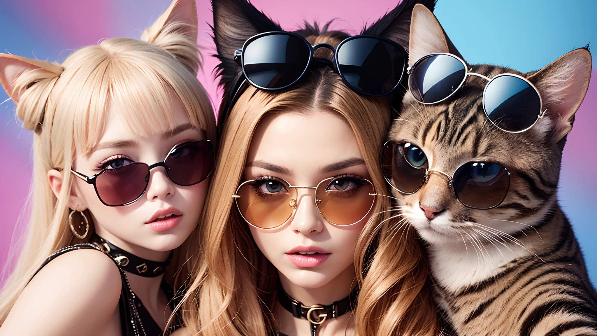 cats wearing sunglasses and dressed in high fashion couture gucci prada givenchy, [medium/selfie/extreme close-up] shot, in the style of barbie the movie --auto --s2