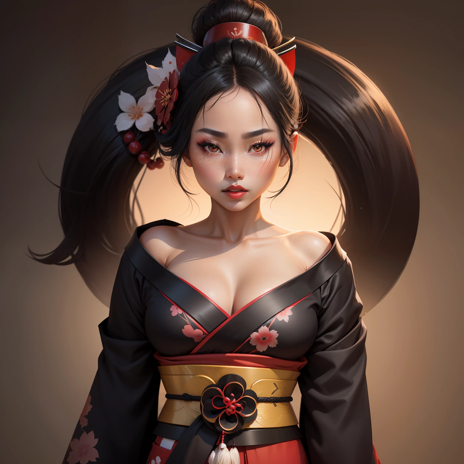 geisha, wear black kimono, black hair, red moon, dark skin complexion, cherry blossom on hair, 4k, almond eyes, big lip, logo, heart shape face, face fuller, sexy hair tied up, black eyes, dark red lipstick, female samurai warrior, swords, face shots, head shots, freckles on the face, up close head face shots, full hair, brown skin tanned