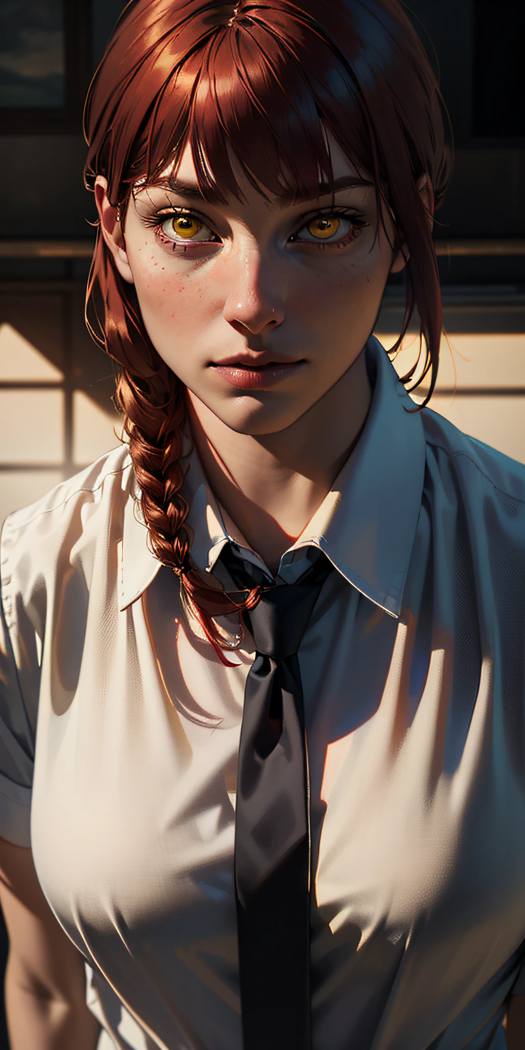 masterpiece, (photorealistic:1.4), best quality, beautiful lighting, makima \(chainsaw man\), (red hair)+(long braided hair)+(bangs), yellow eyes, golden eyes, (ringed eyes), (white shirt), (necktie),
RAW photo, 8k uhd, film grain
