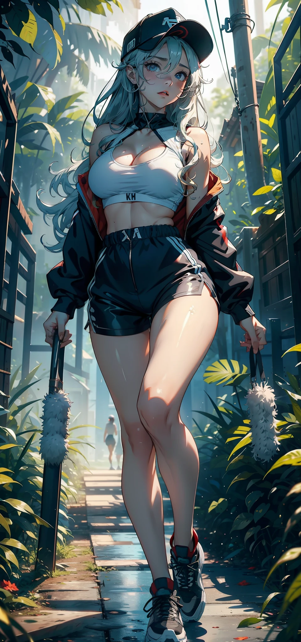 1female，35yo，熟妇，noodle，long leges，Big breasts Thin waist，the super hot and sexy，gigantic cleavage breasts，Pornographic exposure， 独奏，（Background with：ln the forest，the rainforest，in summer） She has long yellow hair，Very long hair，Long flowing hair，With baseball cap，standing on your feet，Sweat profusely，drenched all over the body，seen from the front， curlies， mostly cloudy sky，（（（tmasterpiece），（Very detailed CG unity 8K wallpaper），best qualtiy，cinmatic lighting，detailed back ground，beatiful detailed eyes，Bright pupils，blue color eyes（Very fine and beautiful），（Beautiful and detailed eye description），ultra - detailed，tmasterpiece，）），facing at camera，A high resolution，ultra - detailed），，revealing breasts，Bare genitalia， Bulge，Camel toes，Raised sexy，Flushed complexion，Open-mouthed，frontage，（Wearing：Red baseball jacket，Black transparent shorts，athletic sneakers，nakeness）fully body photo，Show shoes