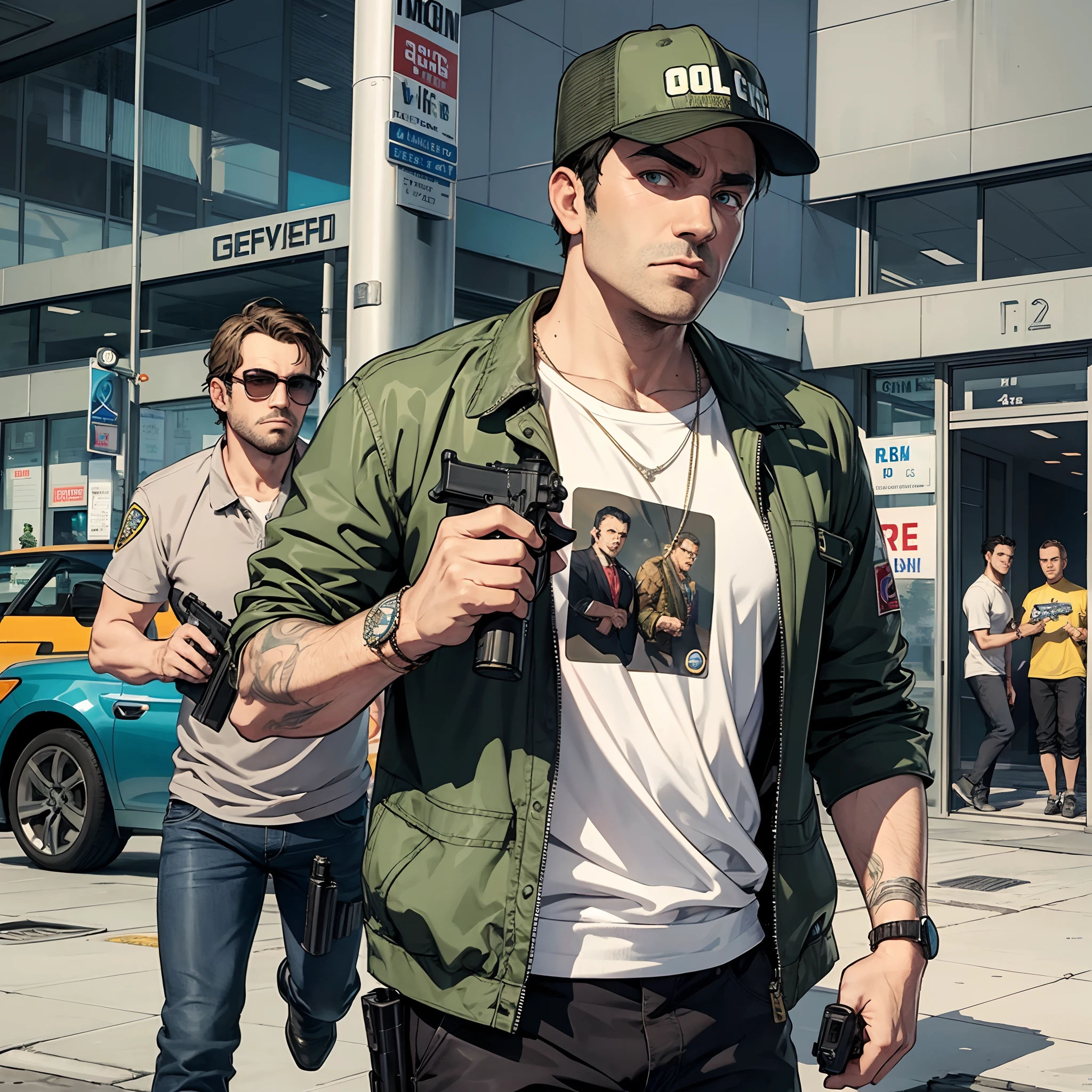 Use GTA 5 design, four guys leaving the bank with money bags , guns, cops  full color illustration realistic, award-winning illustration in color, (complicated detail: 1.2), (fine detail)