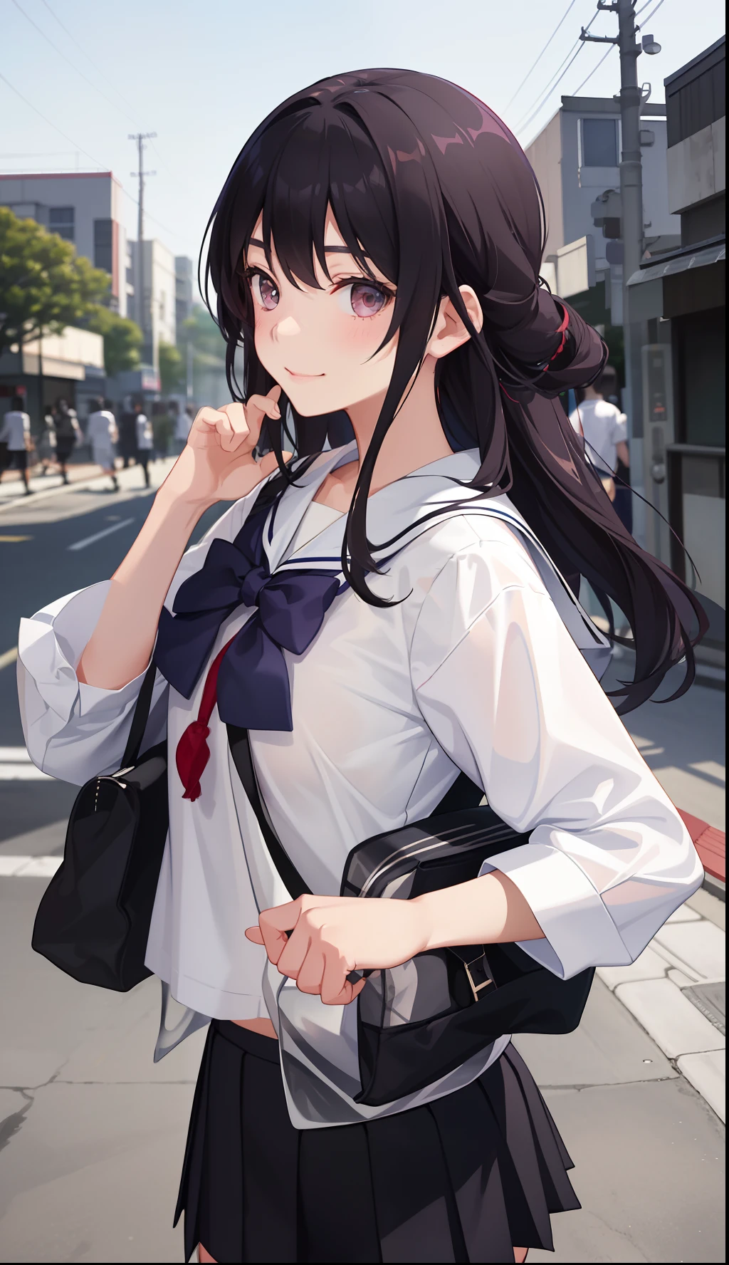 1girl in、A smile、The shirt、skirt by the、（small tits）Chilarism、Japan High School Student Uniform、serafuku、summer clothing、（Sheer Bra）、Upper body portrait、Dynamism!!Running with the wind、