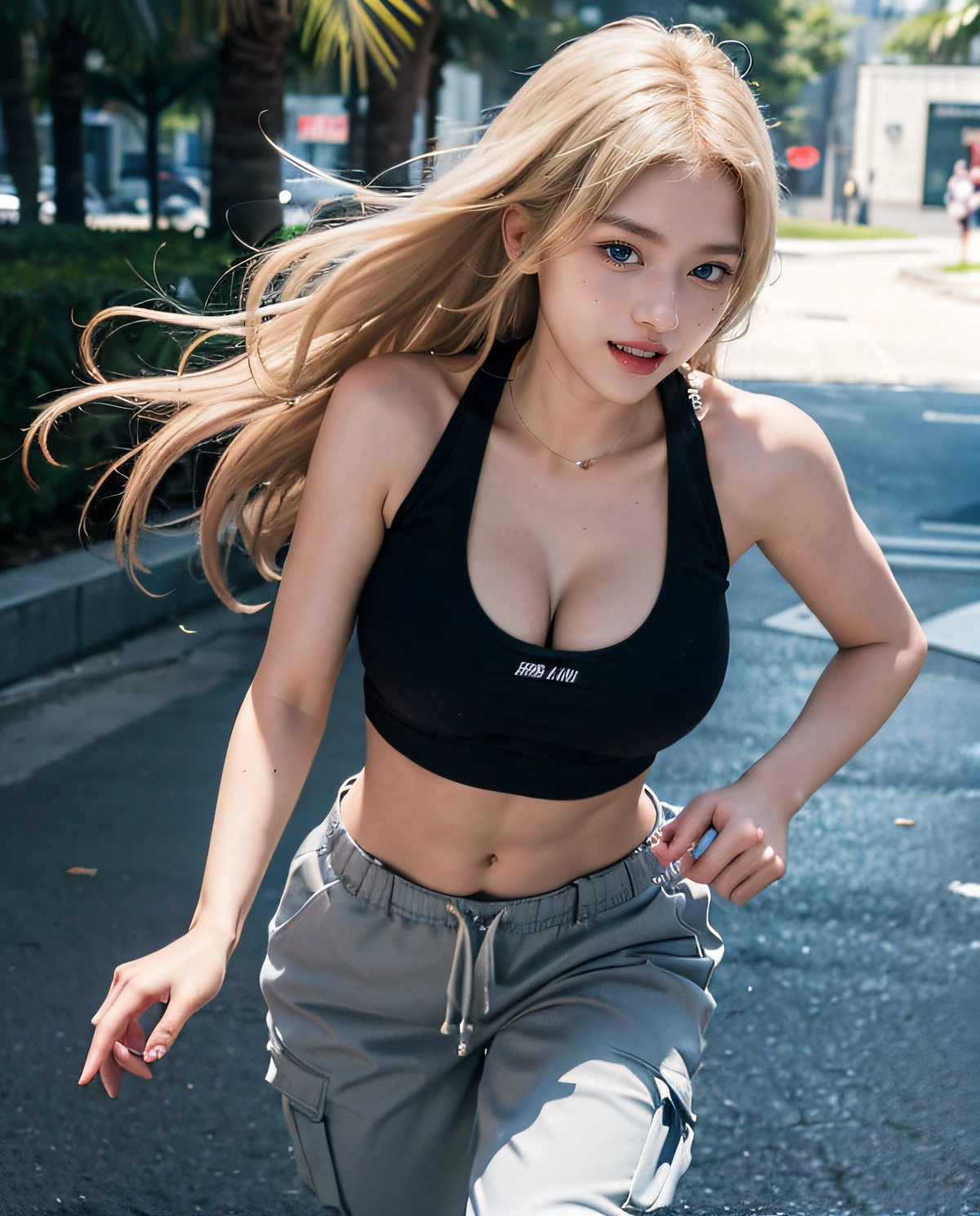 1girl, (Blue Eyes), laughing, (Sana Minatozaki), wide hips, Big Boobs, big ass, (Best Quality, 8k, Masterpiece: 1.3), Clear Focus: 1.2, Perfect Body Beauty: 1.4 , Slender Abs: 1.2, Highly detailed face and skin texture, detailed eyes, double eyelids, red lips, black makeup, (blonde long hair), (tight white tanktop), (black cargo pants), (sneakers), (running fast :1.2), in a skate park