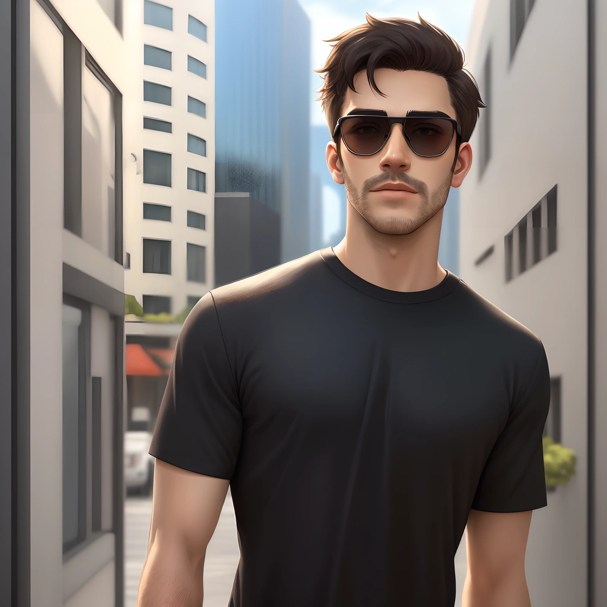 Desenhe um personagem masculino em estilo cartoon, wearing sunglasses and wearing a black shirt. He's looking up directly in front of you, com um plano de fundo preto. Be sure to include a realistic reflection of a city in the character's glasses