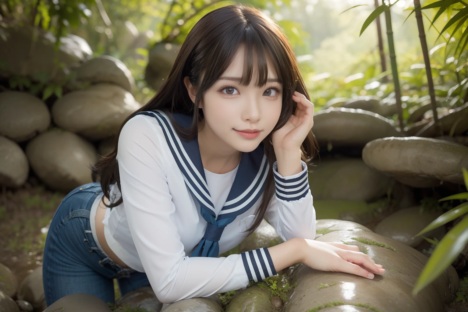 a pregirl，ssmile, looking at viewert, sailor uniformm,skintight jeans，photore, realisticlying, Best quality at best, employee, 详细的脸，Lying on a large mossy stone in a bamboo forest， diffuselighting, depth of fields