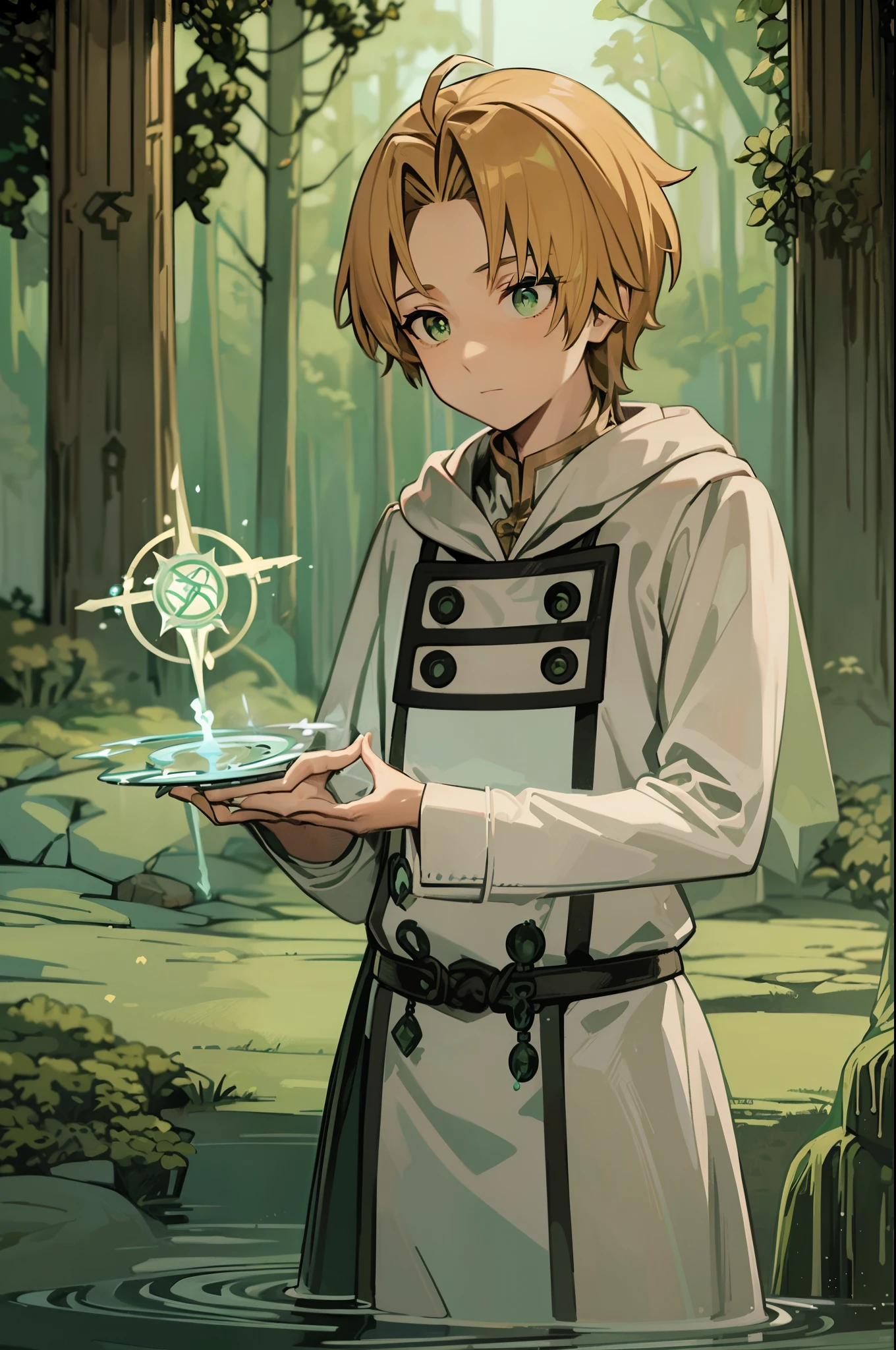 tarot card, rudeus_greyrat, green eyes, blonde hair, gray robes, white shirt, magician, mage, standing, (holding magic staff), magic, (water bending, using abilities), forest, upper body, ((masterpiece)), high detailed illustration, high detailed background, hi-res