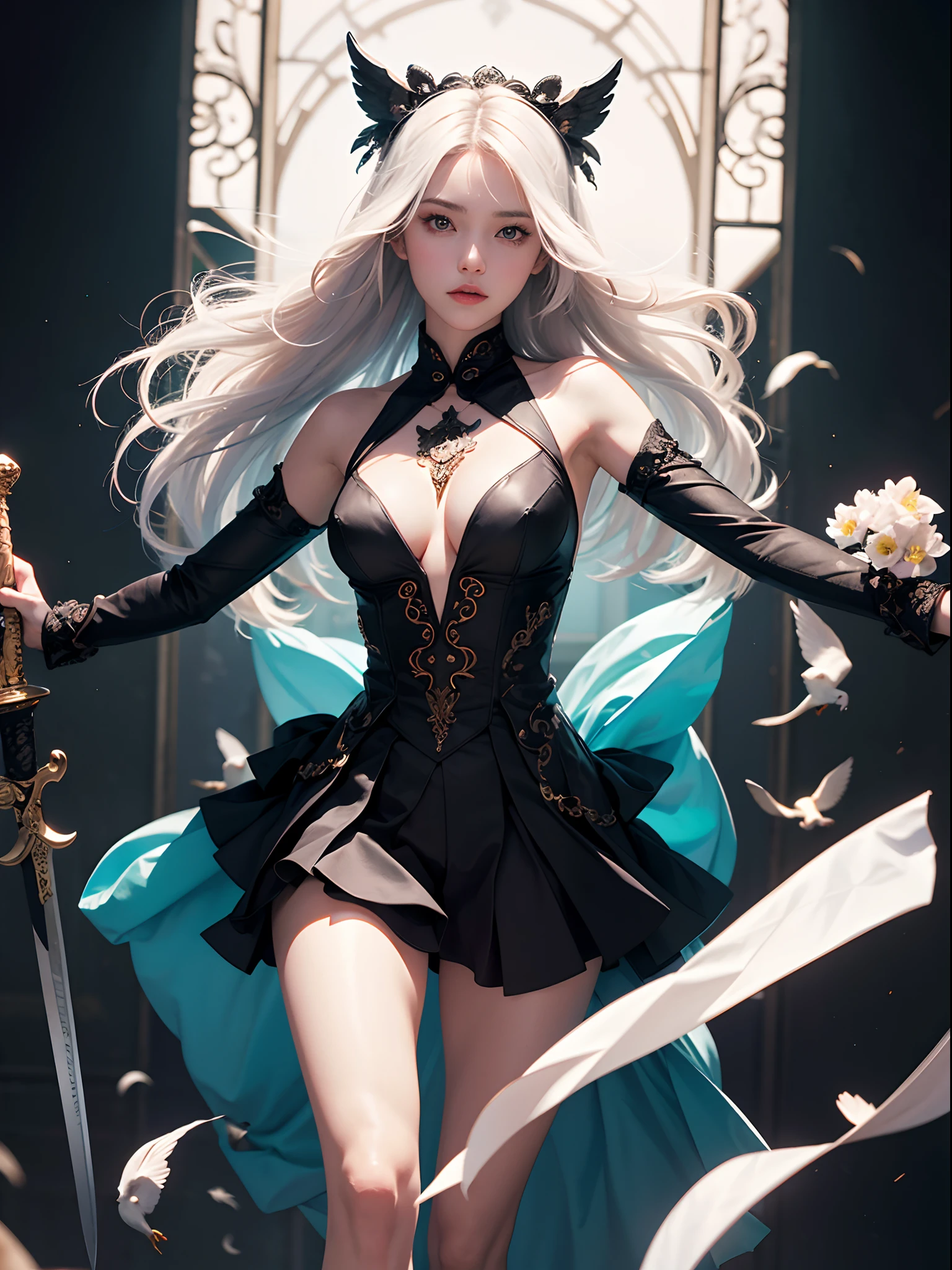Unbeatable masterpiece, Ultra photo realsisim, Perfect artwork, Intricate details, Best quality, Strong light,High contrast, Real skin,Tall figure, detail-rich, Chinese long sword,standing on one leg,Beautiful girl with beautiful eyes,Full body view,Black cloth,Dancing,Streamers float,White_Hair,Colorful_Hair,Flowers,Birds, ,Dark_angel,Rebellious girl