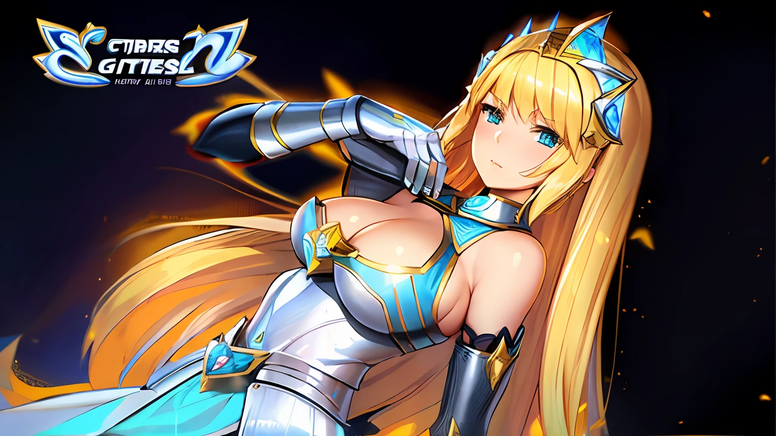 Anime girl with long blonde hair wearing armor and sword, knights of zodiac girl, portrait knights of zodiac girl, in opal armor,oppai, huge tit, Seductive Princess Knight with Big Breasts, anime goddess, Princess Knight, princess intergalactica, ((a beautiful fantasy empress)), blonde - haired princess, a blonde emerald warrior, Princess of Opal, Anime Manga Robot!! anime woman, Dress Armor Girl
