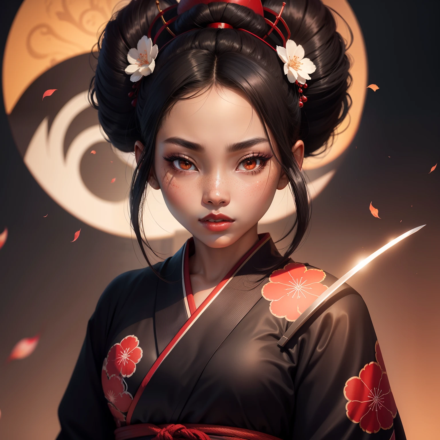 geisha, wear black kimono, black hair, red moon, dark skin complexion, cherry blossom on hair, 4k, almond eyes, big lip, logo, heart shape face, face fuller, sexy hair tied up, black eyes, dark red lipstick, female samurai warrior, swords, face shots, head shots, freckles on the face, up close head face shots, full hair, brown skin tanned