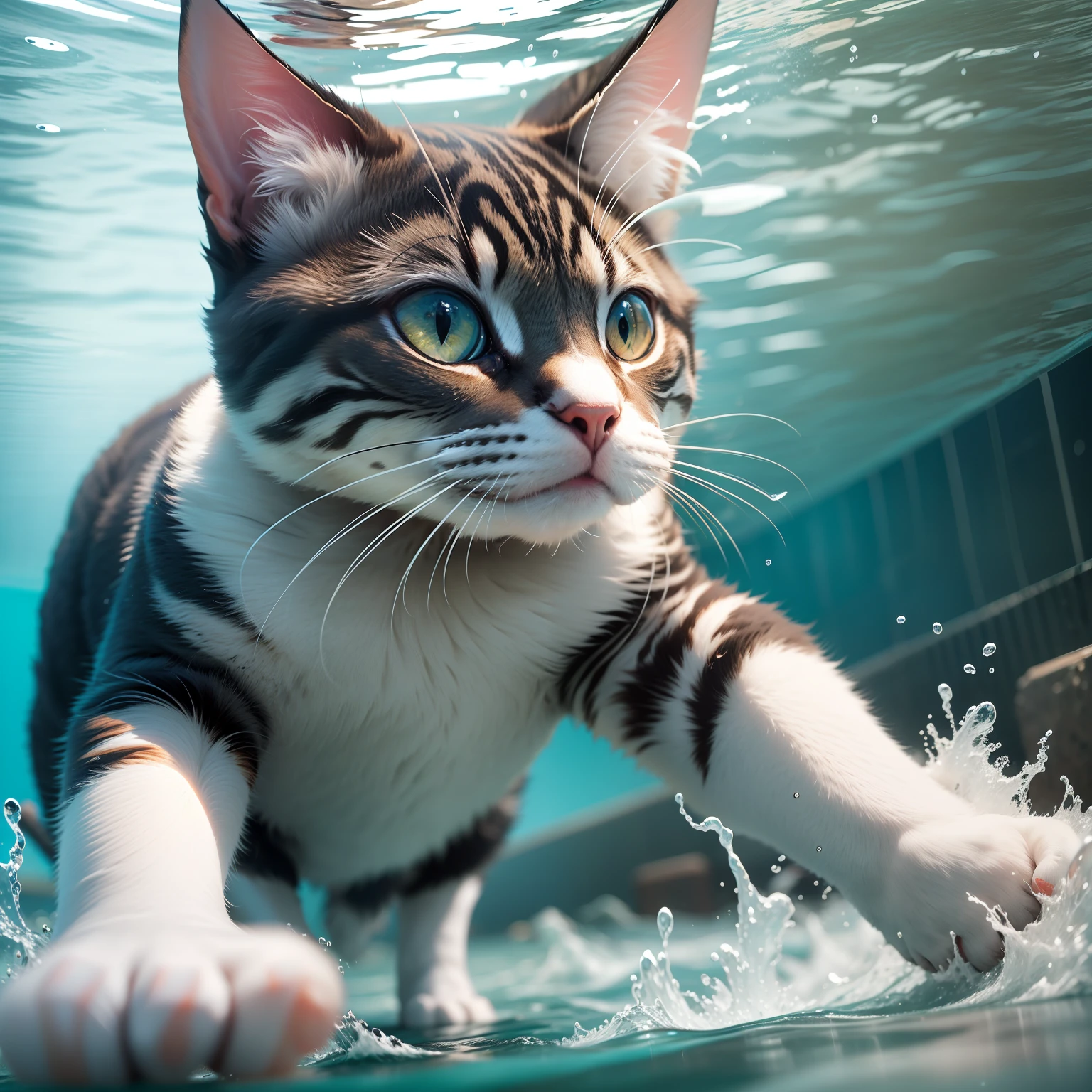Water-sized cat　under the water　Perspective crawl　　foam　Splashing　Dynamic swimming　motion-blur　High-speed movement