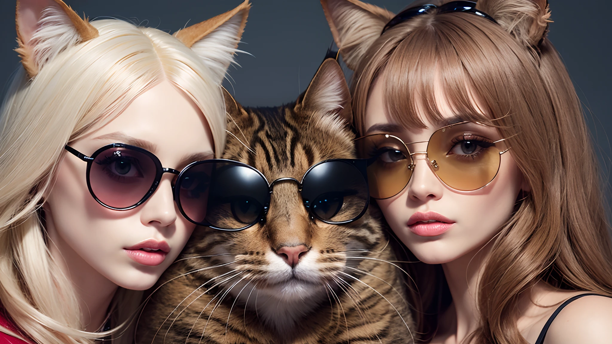 cats wearing sunglasses and dressed in high fashion couture gucci prada givenchy, [medium/selfie/extreme close-up] shot, in the style of barbie the movie --auto --s2
