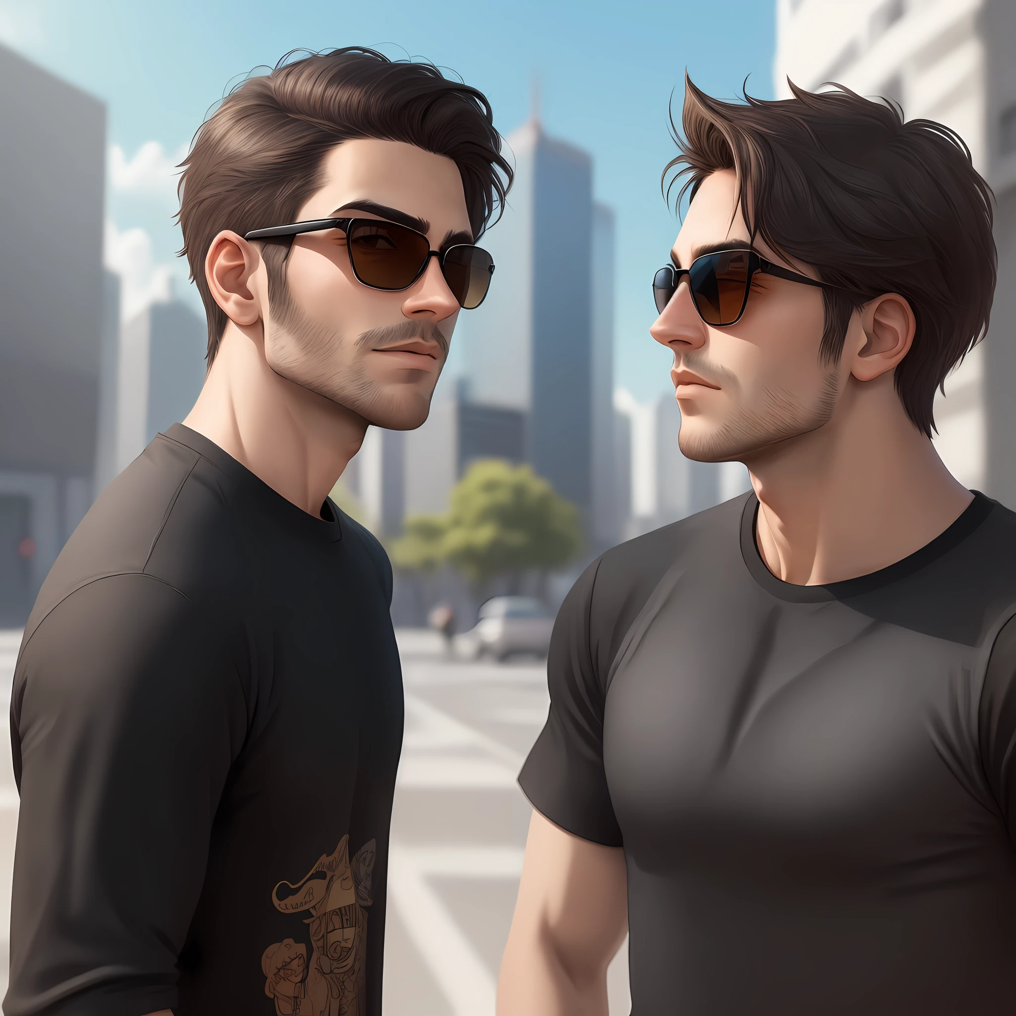 Desenhe um personagem masculino em estilo cartoon, wearing sunglasses and wearing a black shirt. He's looking up directly in front of you, com um plano de fundo preto. Be sure to include a realistic reflection of a city in the character's glasses