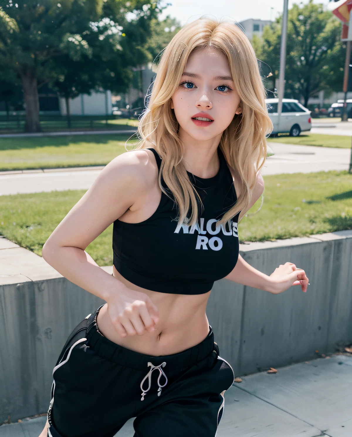 1girl, (Blue Eyes), laughing, (Sana Minatozaki), wide hips, Big Boobs, big ass, (Best Quality, 8k, Masterpiece: 1.3), Clear Focus: 1.2, Perfect Body Beauty: 1.4 , Slender Abs: 1.2, Highly detailed face and skin texture, detailed eyes, double eyelids, red lips, black makeup, (blonde long hair), (tight white tanktop), (black cargo pants), (sneakers), (running fast :1.2), in a skate park