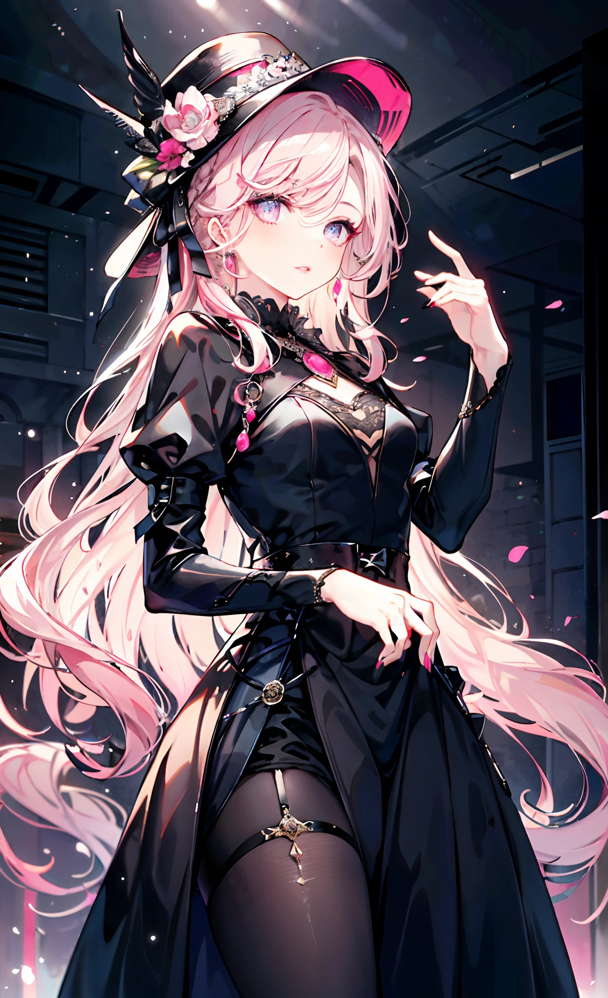 meticulous portrayal of face，1 noblewoman，a matural female，Black dress long dress，(Pink White Long Hair)，dark night background，Prom，  s the perfect face， perfect hand， Perfect Finger， Perfect lips， perfect  eyes， Perfect background