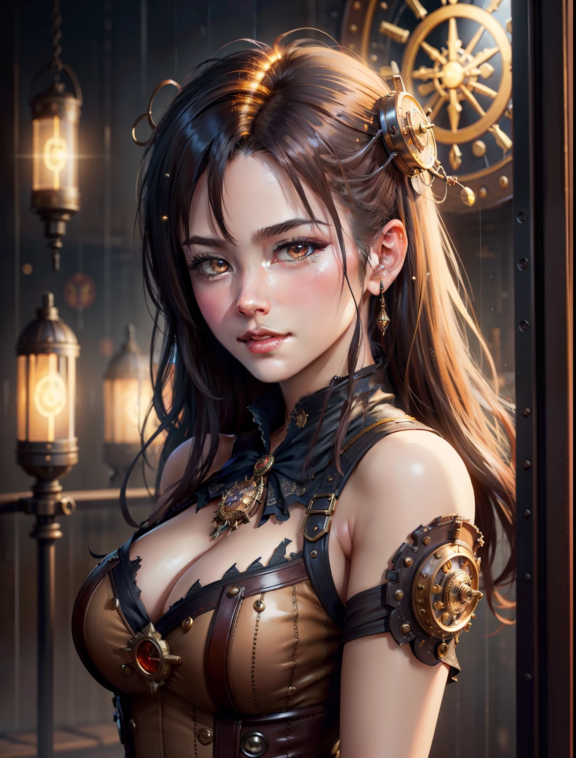 OilPaintStyle, High quality steampunk portrait,Named Goddess Time and Clock , amazing background, Dripping sparks, rain, Sharp focus, Clear, vibrant, denoised, intricately details, Amazing clock, 8K, Steampunk clock rendering engine, Oil painting, ,HZ steampunk,dashaTaran, 3D style standing , Sexy and erotic, Front view, With big and erotic sex, , full bodyesbian, Front view