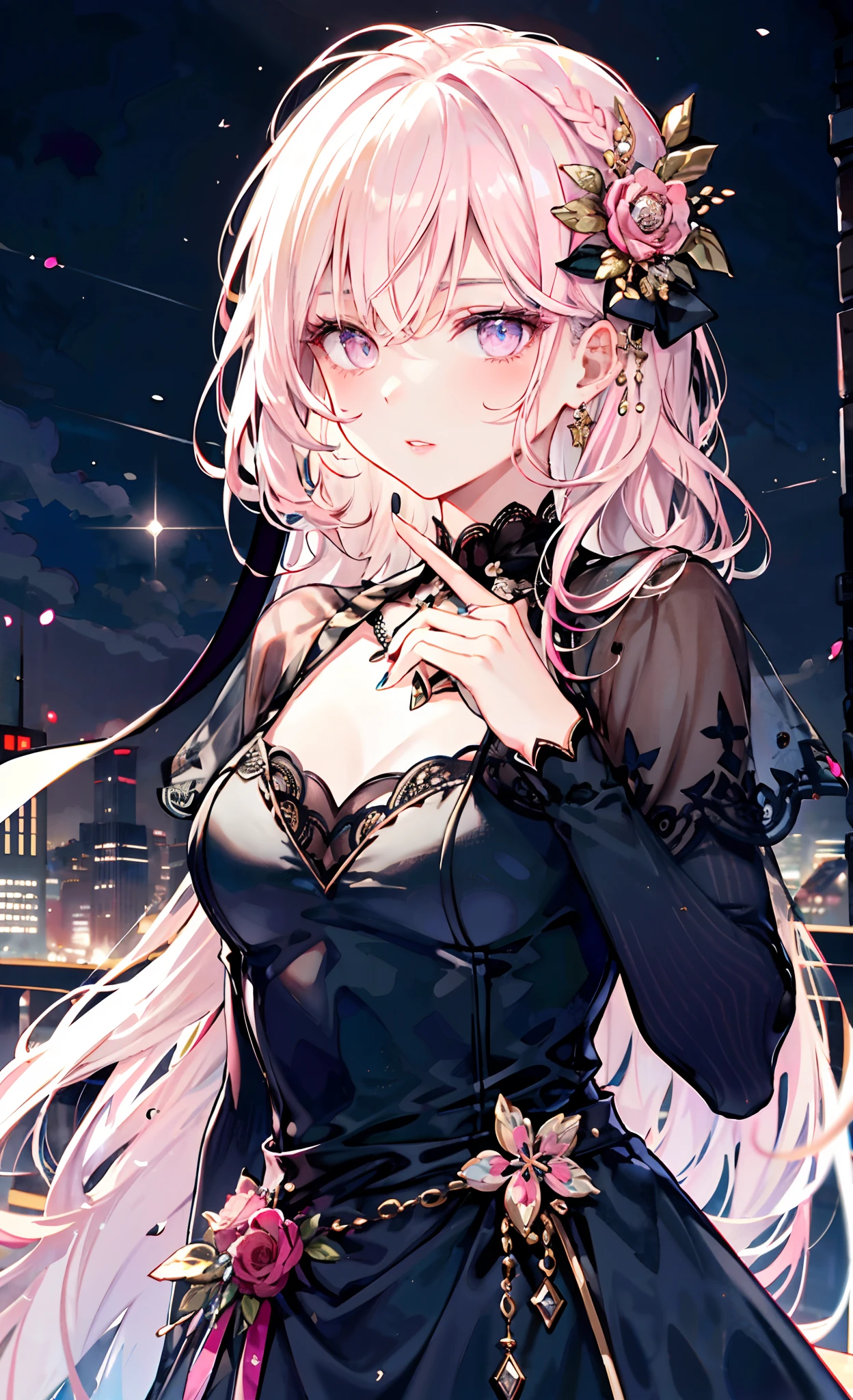 meticulous portrayal of face，1 noblewoman，a matural female，Black dress long dress，(Pink White Long Hair)，dark night background，Prom，  s the perfect face， perfect hand， Perfect Finger， Perfect lips， perfect  eyes， Perfect background