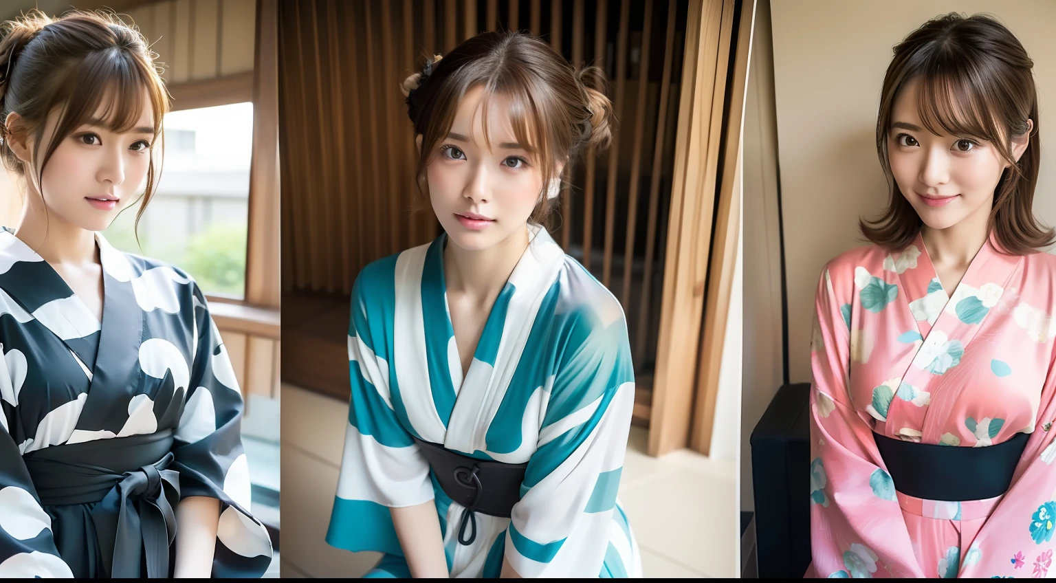 (8K、top-quality、masterpies:1.2)、(The hair、_Style)、(realisitic、Photorealsitic:1.37)、top-quality、masterpies、A simple studio room with natural light、[small tits]、[smallunderboob]、Two models with different atmospheres、Position one of the two in a well-balanced perspective、1 photo、High Balance、from waist up、Camera angle with background facing up、Hair styling and summer yukata style to match the trend of 2023、Three years for two Japan、realisitic、realisitic、super detailing、Beautiful facial features、in her 20s、女優、Half-Japanese and Russian models、Elaborate CG、A slender、adolable、A MILF、Long model and bob model for 3 years Japan、Hair that flutters in the wind、Delicate skin type、Hair with fine details and softness、The model's hair color is slightly lighter and softer、Gloss makeup、Yukata has a cute impression with gentle colors