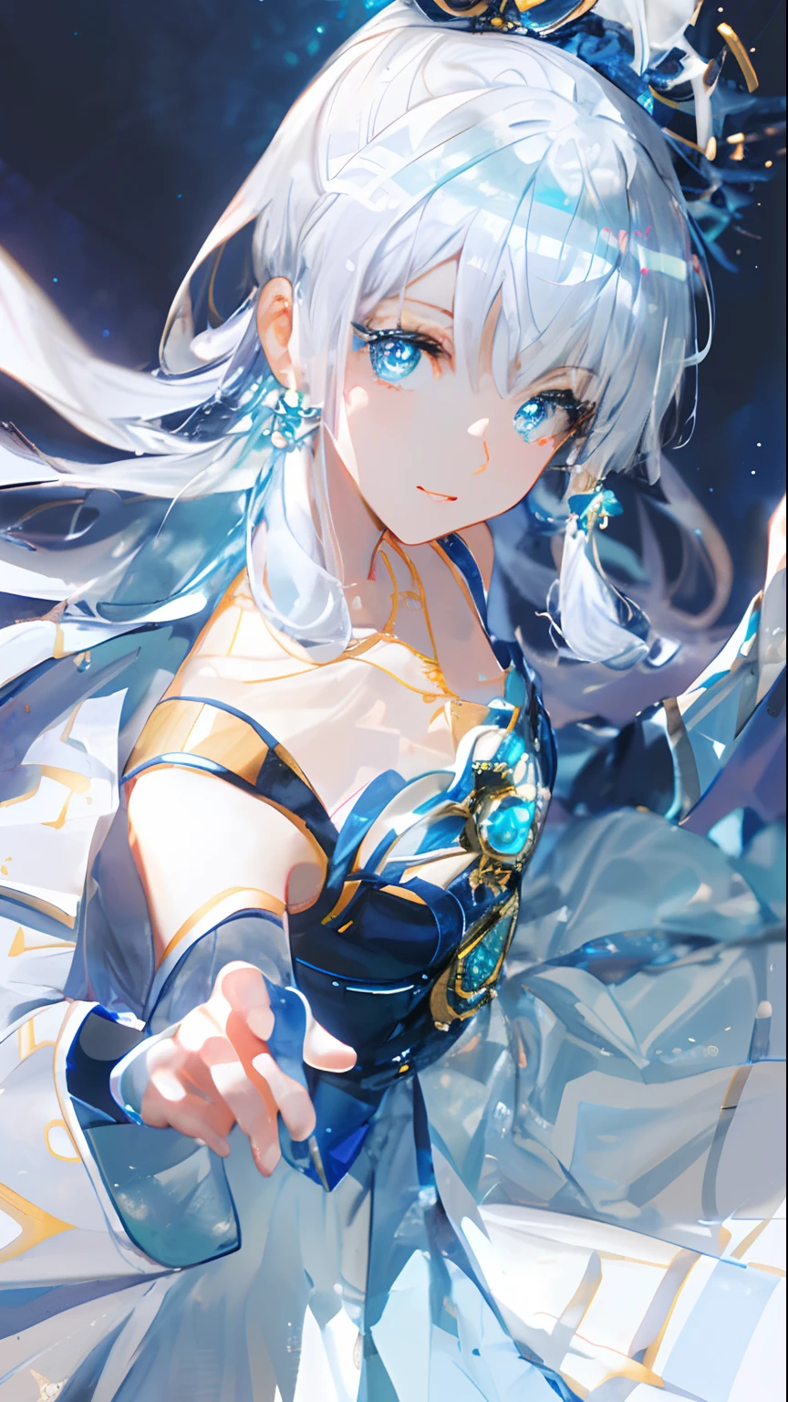 masterpiece, best quality, illustration, sax blue, platinum earrings, platinum necklace, white dress, 1girl, cute, (dynamic lighting:1.2), cinematic lighting, delicate facial features, detailed eyes, sharp pupils, realistic pupils, depth of field, bokeh, sharp focus, (hyper-detailed, bloom, glow:1.4), many small gems