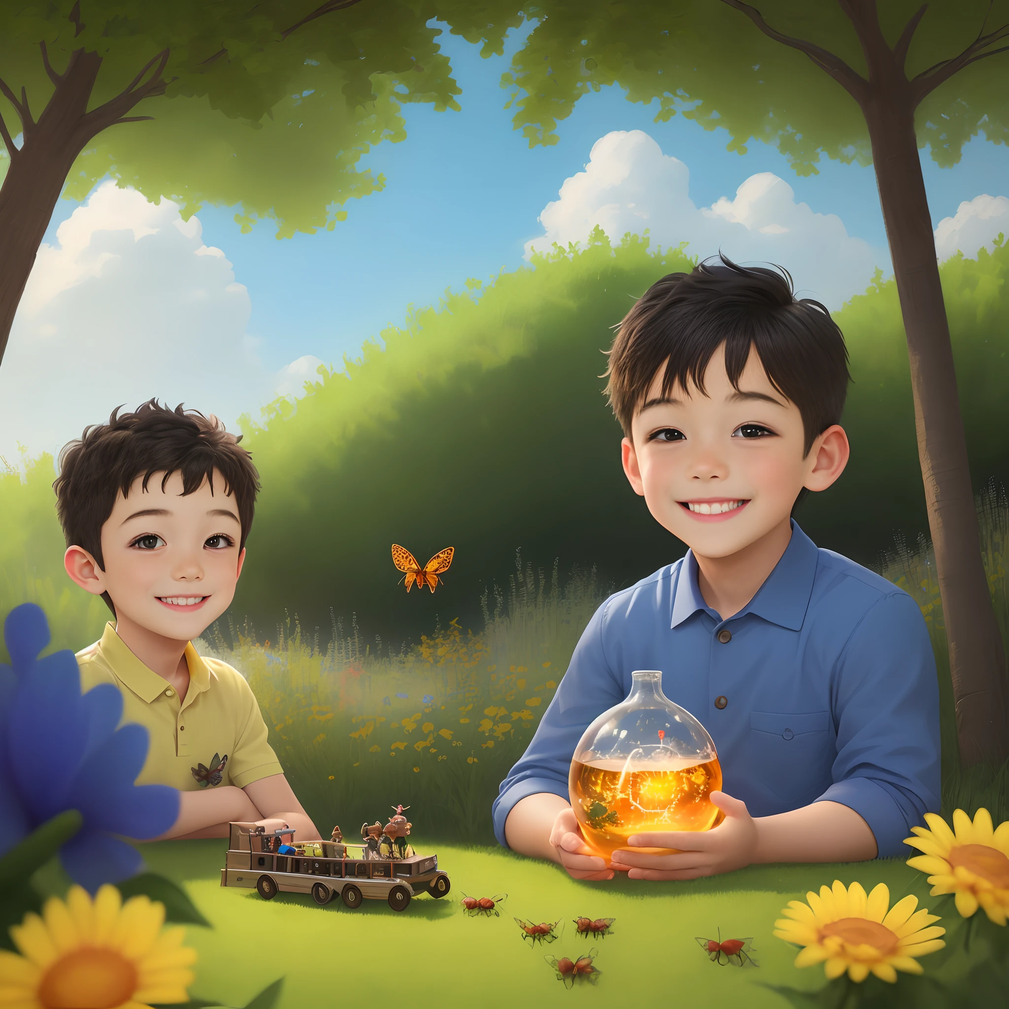 Imagine a smiling, happy 8--old with realistic features doing science and mixing with colors and insects outdoors on a lawn and a sunny day on an enchanted trip, science with Erick.