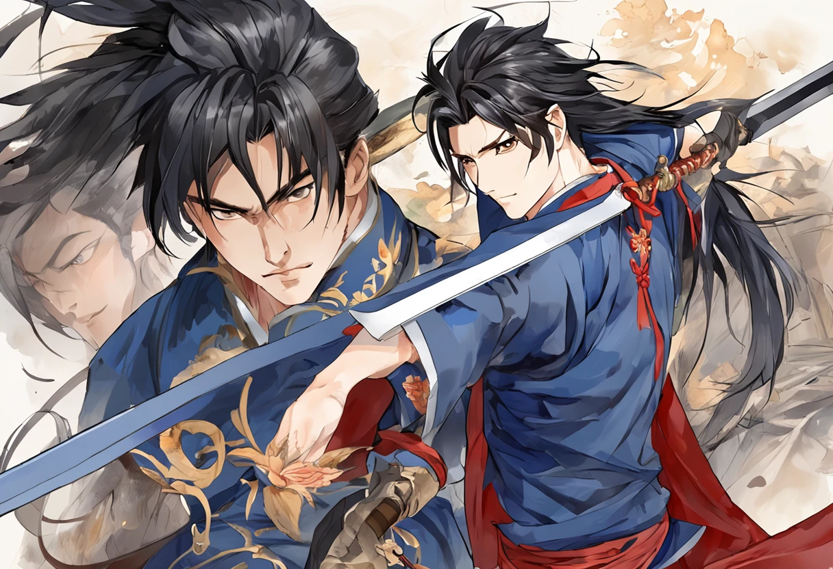 Composition with a sense of speed、Combat stance、Dark-haired young man、Soaring black hair、Blue national costume、Wielding a dagger、