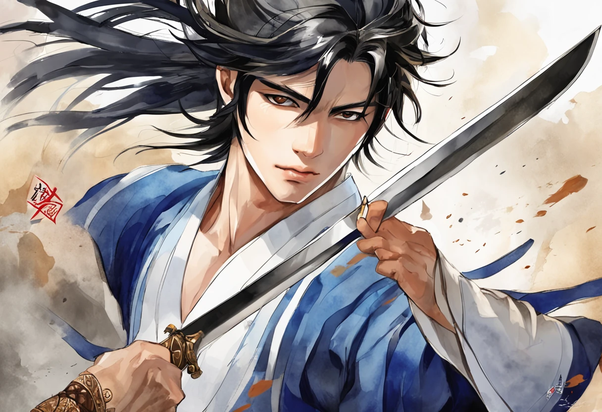 Composition with a sense of speed、Combat stance、Dark-haired young man、Soaring black hair、Blue national costume、Wielding a dagger、