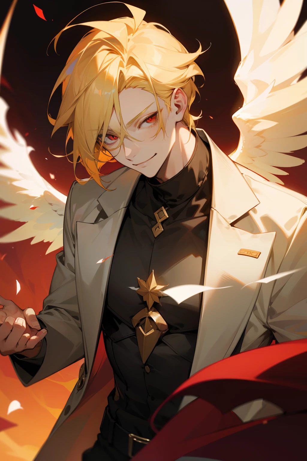 style image of a man with blonde hair and red eyes, angelic, smirk