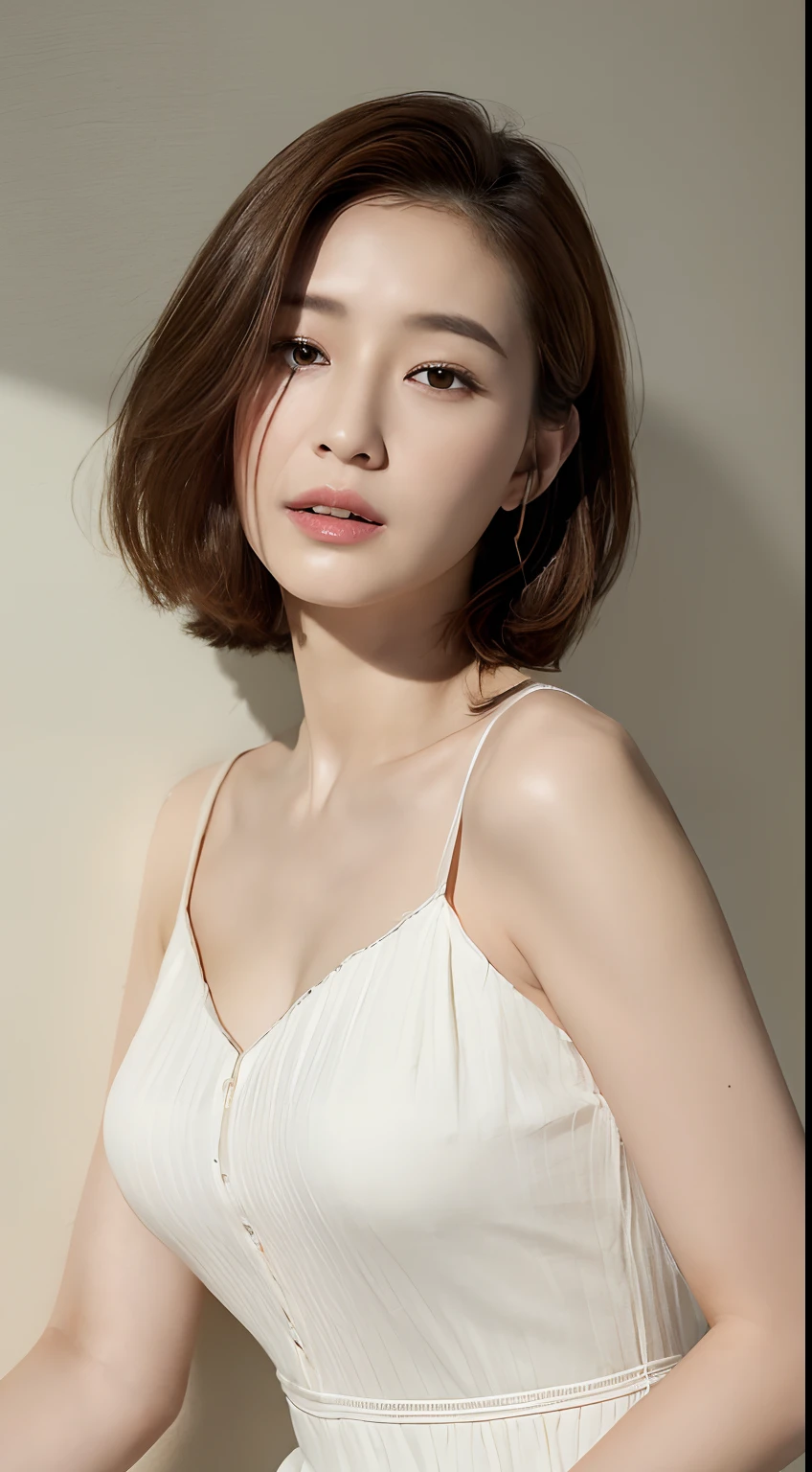 ((top-quality、8K、masterpiece:1.3)) realskin、Beautuful Women, look at viewr, French Bob Style, Flower Holter Dress, White wall design, (Rim Light)Similar to Masami Nagasawa、A detailed eye、detailed mouth