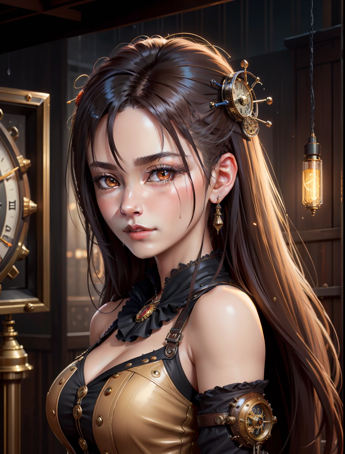 OilPaintStyle, High quality steampunk portrait,Named Goddess Time and Clock , amazing background, Dripping sparks, rain, Sharp focus, Clear, vibrant, denoised, intricately details, Amazing clock, 8K, Steampunk clock rendering engine, Oil painting, ,HZ steampunk,dashaTaran, 3D style standing , Sexy and erotic, Front view, With big and erotic sex, , full bodyesbian, Front view