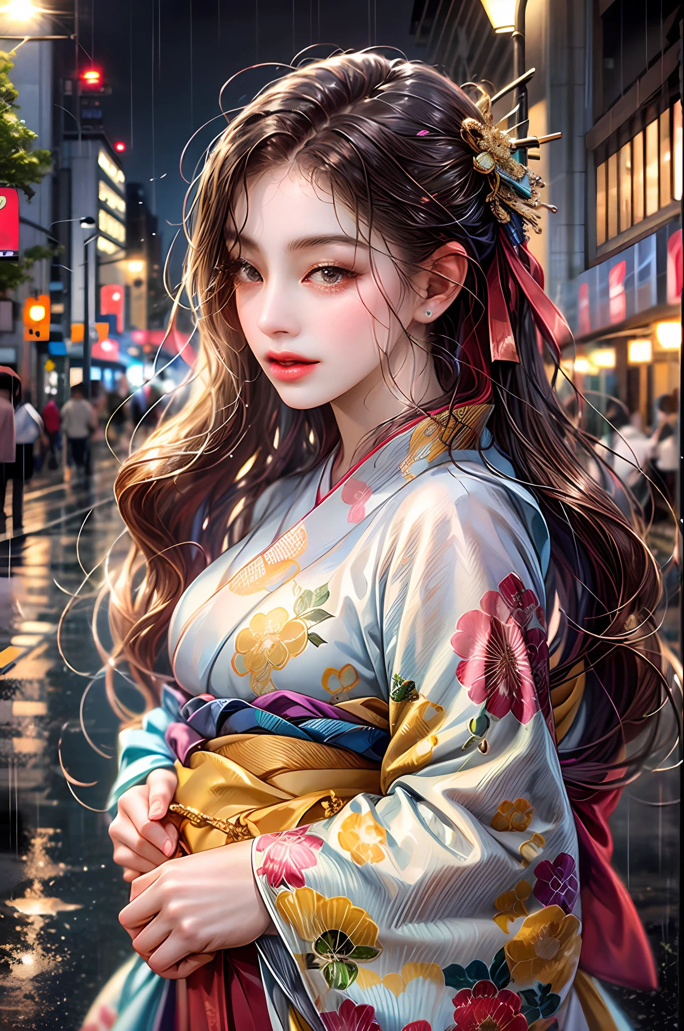 sexy Japanes girl, wearing sexy kimono, street girl, as a famous Instagram influencer, wearing a sexy little red swirly flowery dress, standing, at night and in the rain, on a busy street crossing a crosswalk, looking at viewer, session of full body photos, seductive --auto --s2
