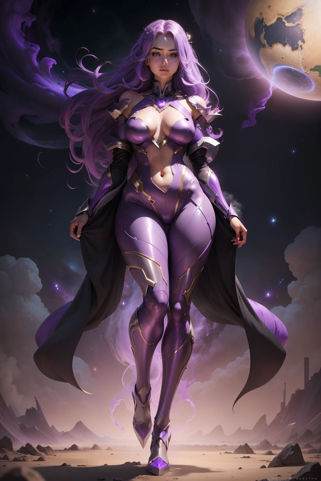 a full body view of a beautiful well proportioned, female humanoid star,purple metallic skin,hair made of purple smoke,extremely detaled ,movie quality,as she hovers over the planet earth gazing down upon it with compassion.