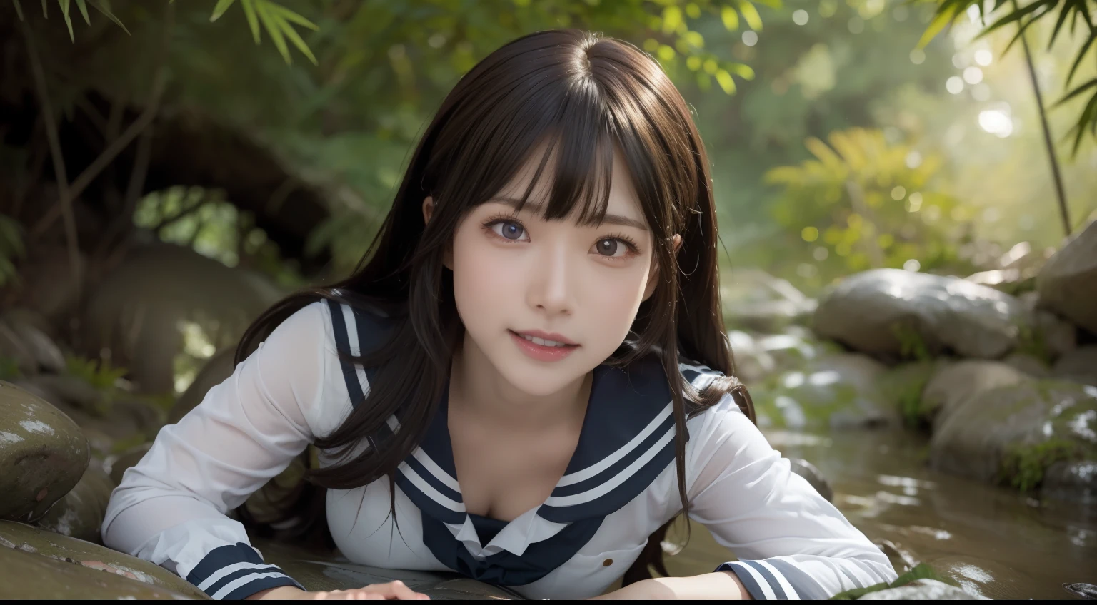 a pregirl，ssmile, looking at viewert, sailor uniformm,skintight jeans，photore, realisticlying, Best quality at best, employee, 详细的脸，Lying on a large mossy stone in a bamboo forest， diffuselighting, depth of fields