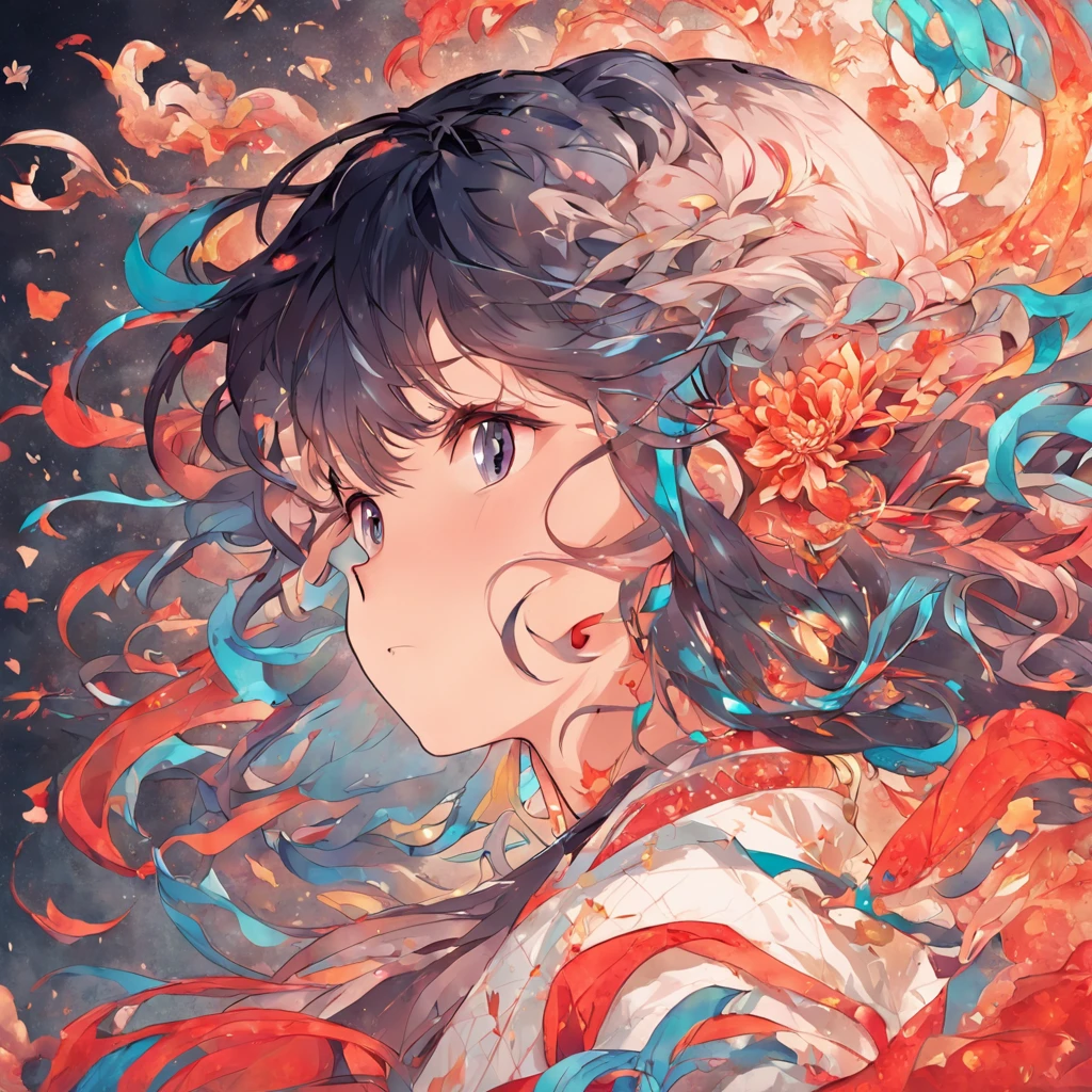 (White background:1.4),(Silhouette of a girl's head, Eyes closed, colorfull long hair, Oriental elements)，(Chinese illustration:1.3，paper art:1.3, Quilted paper art:1.2),( reasonable design, Clear lines, High sharpness,Best quality, Very detailed, Masterpiece, movie light effect, 4K )