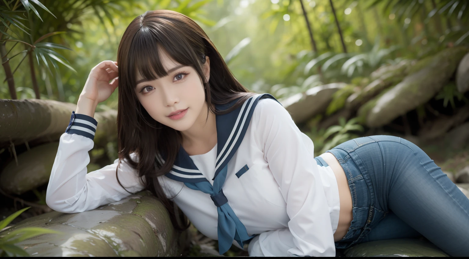 a pregirl，ssmile, looking at viewert, sailor uniformm,skintight jeans，photore, realisticlying, Best quality at best, employee, 详细的脸，Lying on a large mossy stone in a bamboo forest， diffuselighting, depth of fields