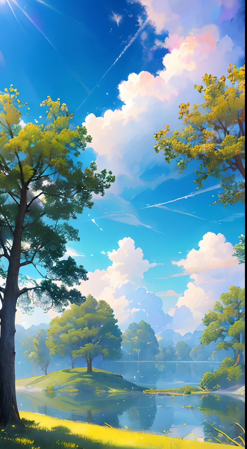 tmasterpiece, top-quality, (Extremely detailed CG unified 8K wallpaper) (top-quality), (The best illustrations), (Best shade)、Super meticulous, blue-sky、Various clouds、It's beautiful、Nostalgic、Looking Up The Sky、The reflection of the sun、Natural colors、the woods、scenic
