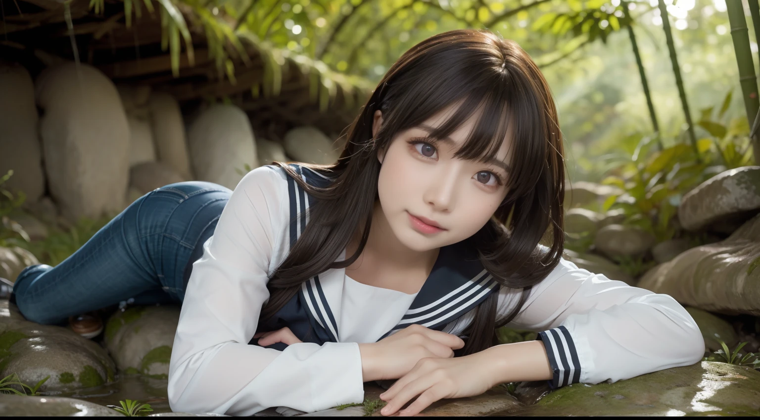 a pregirl，ssmile, looking at viewert, sailor uniformm,skintight jeans，photore, realisticlying, Best quality at best, employee, 详细的脸，Lying on a large mossy stone in a bamboo forest， diffuselighting, depth of fields