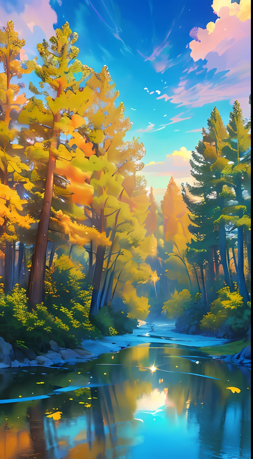 tmasterpiece, top-quality, (Extremely detailed CG unified 8K wallpaper) (top-quality), (The best illustrations), (Best shade)、Super meticulous, blue-sky、Various clouds、It's beautiful、Nostalgic、Looking Up The Sky、The reflection of the sun、Natural colors、the woods、scenic