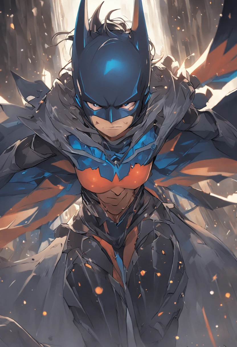 Uma mulher, vestindo o traje do homem formiga+traje do batman extremamente justo e apertado, cabelo azul, very messy hair, cabelo com rabo de cavalo, helmet on the head, franja na frente dos olhos, olhando para o espectador, (((pose interagindo e se apoiando [em uma objeto|em algo no ambiente]))), na batcaverna com computadores, maquinas, Vehicles, cachoeira, elevador, ((full body):1.5). 16k, UHD, best possible quality, ((best possible detail):1), best possible resolution, Unreal Engine 5, professional photography, ((Batman)), perfect_hands, (perfeito:1.2)