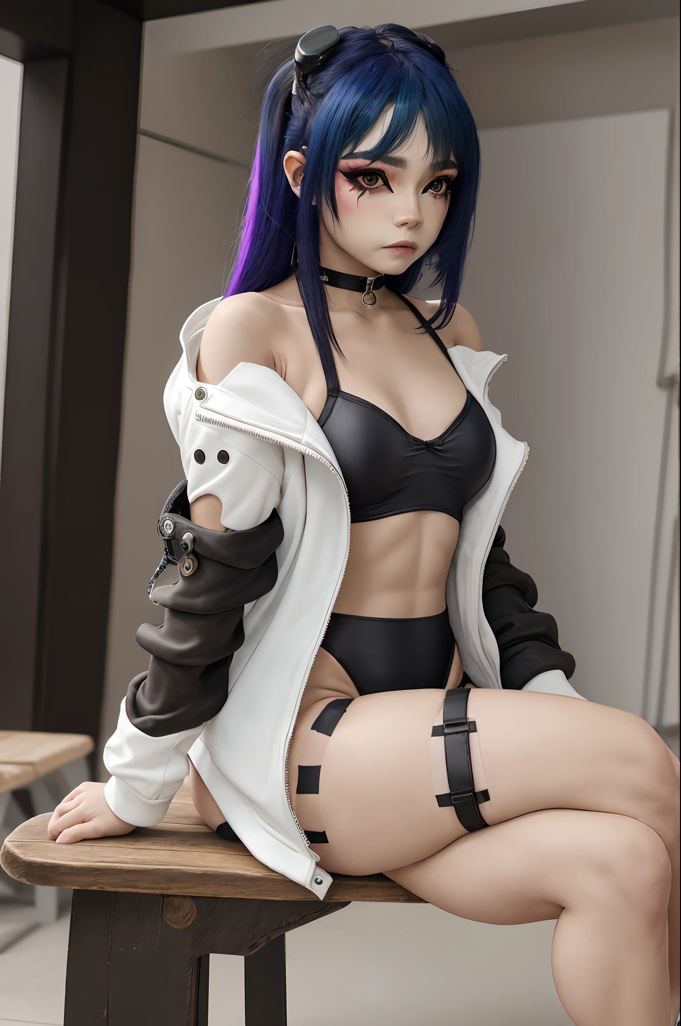 masterpiece, best quality, highres, lu1, cyborg, multicolored hair, makeup, bare shoulders, black leotard, highleg leotard, (thong:1.1), white jacket, open jacket, belt, shorts, cowboy shot, cyberpunk, sitting, crossed legs, bench,