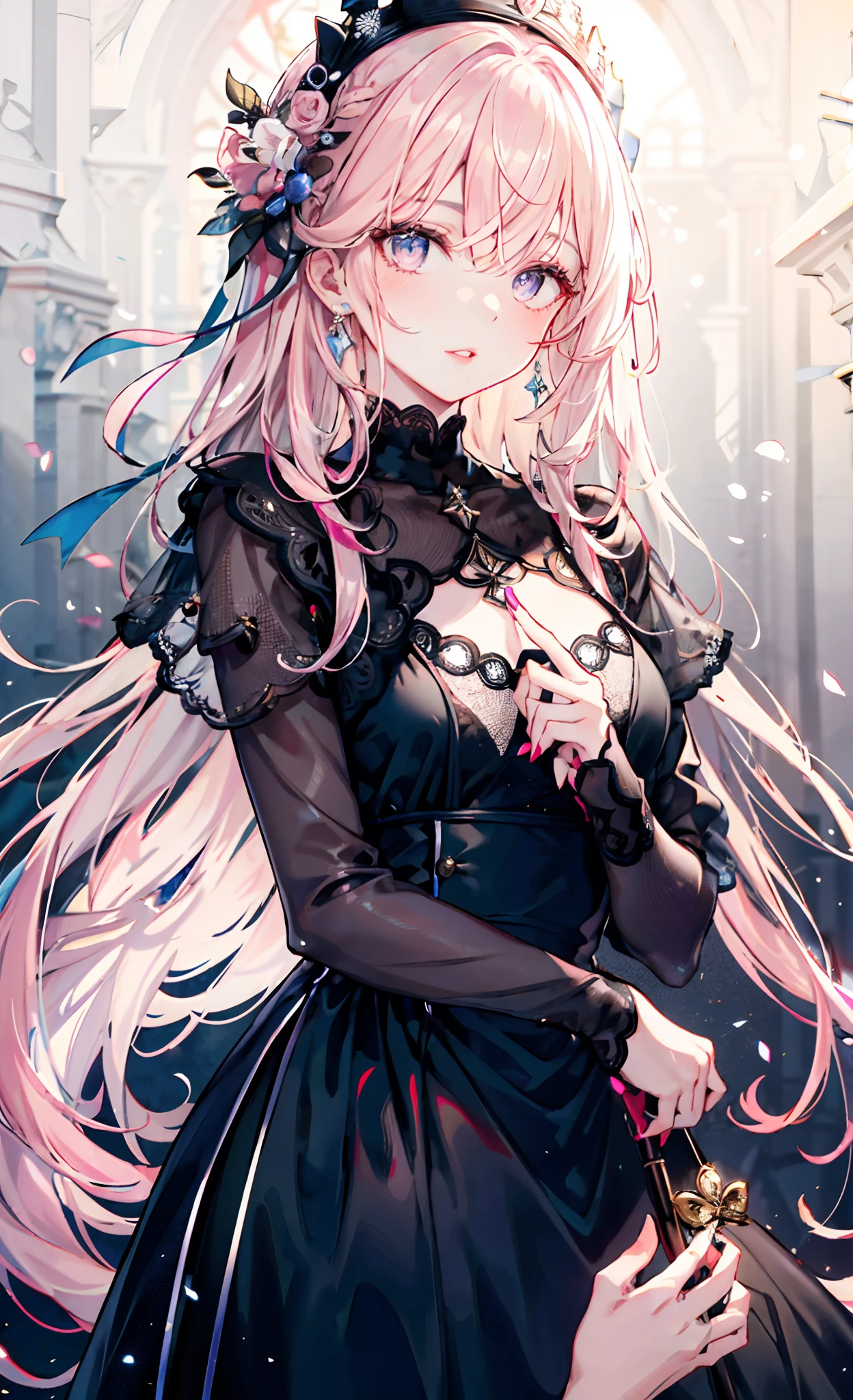 meticulous portrayal of face，1 noblewoman，a matural female，Black dress long dress，(Pink White Long Hair)，dark night background，Prom，  s the perfect face， perfect hand， Perfect Finger， Perfect lips， perfect  eyes， Perfect background