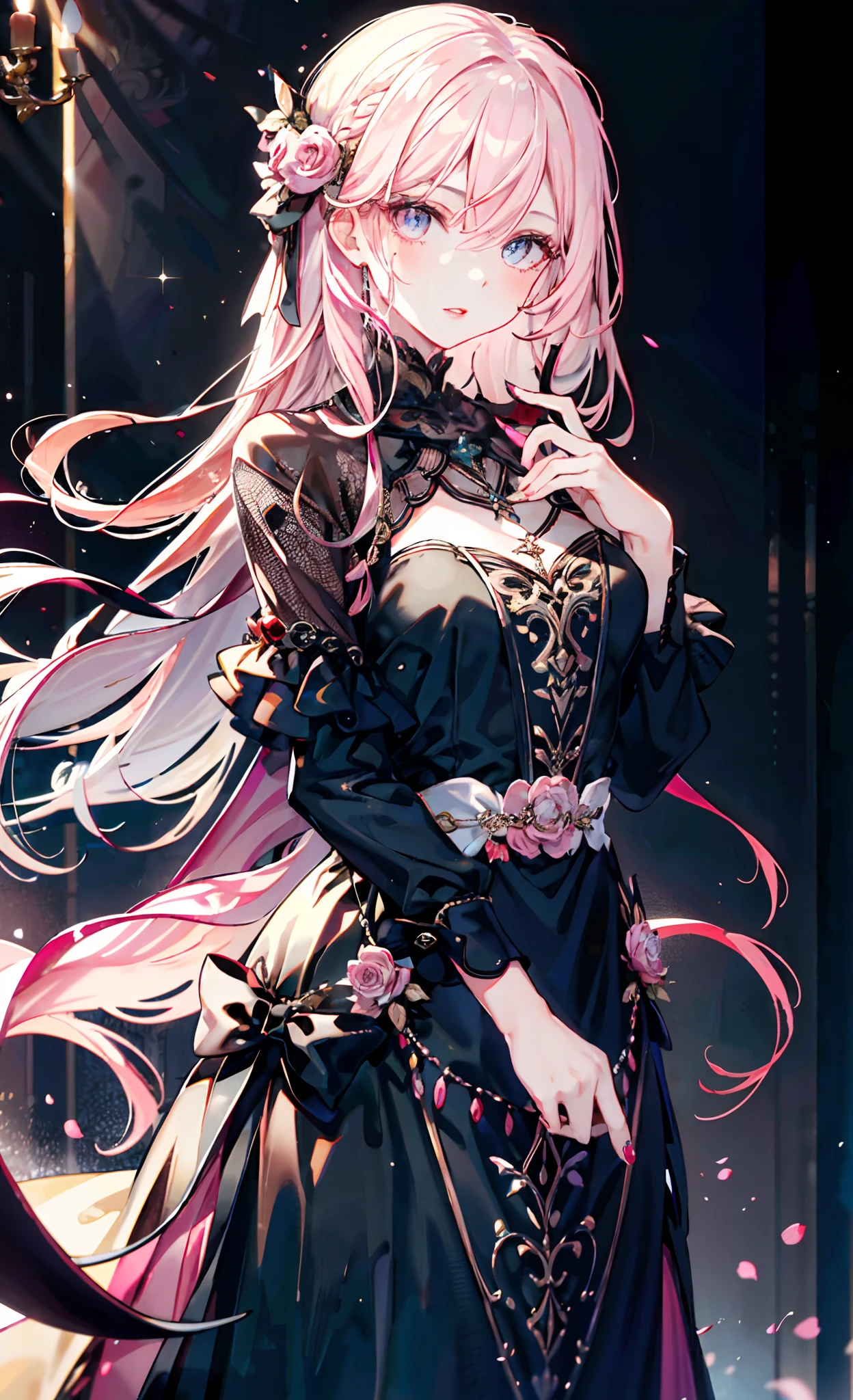 meticulous portrayal of face，1 noblewoman，a matural female，Black dress long dress，(Pink White Long Hair)，dark night background，Prom，  s the perfect face， perfect hand， Perfect Finger， Perfect lips， perfect  eyes， Perfect background