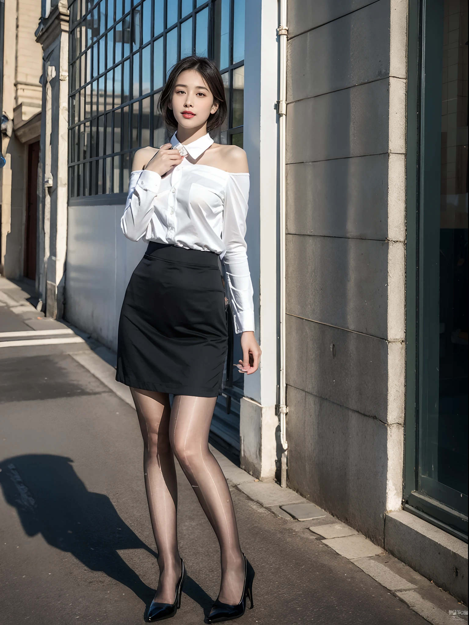 ,(RAW photo:1.2), (Photorealistic:1.4),Beautiful Meticulous Girl, very detailed eyes and faces, Beautiful detailed eyes, ultra - detailed, A high resolution, The is very detailed,best qualtiy,illustratio,unified,8k 壁纸,tmasterpiece,best qualtiy,Street 1 girl,Hosiery,a skirt,solo person,exteriors,long whitr hair,pencil skirts,high-heels,The shirt,looking at viewert,are standing,motorvehicle,full bodyesbian,Black tights,a black skirt,In the daytime,White color blouse,Black shoes,brown hair,Dewy shoulders,cparted lips,horse tailed,ascot
