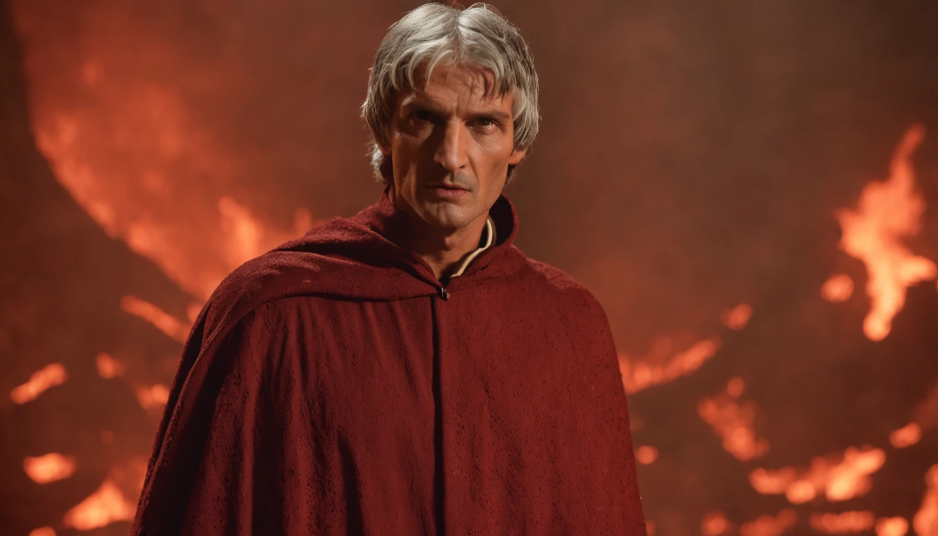 "Dante Alighieri standing in the fiery depths of the seventh circle of hell, surrounded by tortured souls, engulfed in flames, with a haunting, infernal atmosphere."