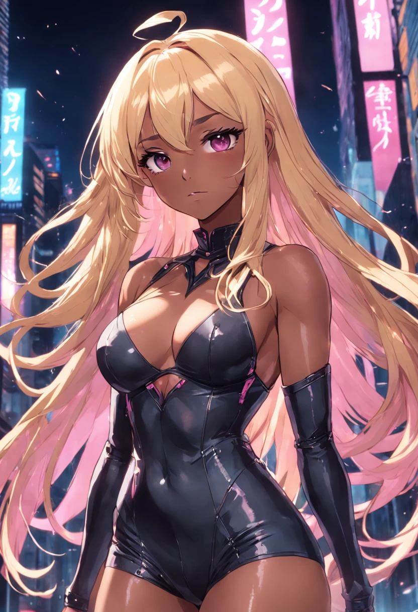Black female with blonde hair, has pink highlights, wearing tight sexy clothing, cleavage, wearing thigh high boots, flowing hair highlighted hair, wearing makeup, is a pop star