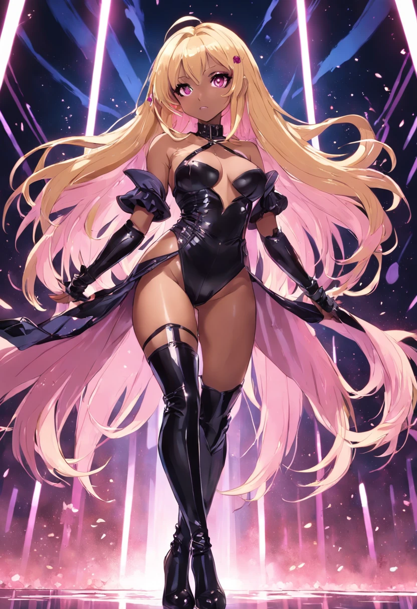 Black female with blonde hair, has pink highlights, wearing tight sexy clothing, cleavage, wearing thigh high boots, flowing hair highlighted hair, wearing makeup, is a pop star