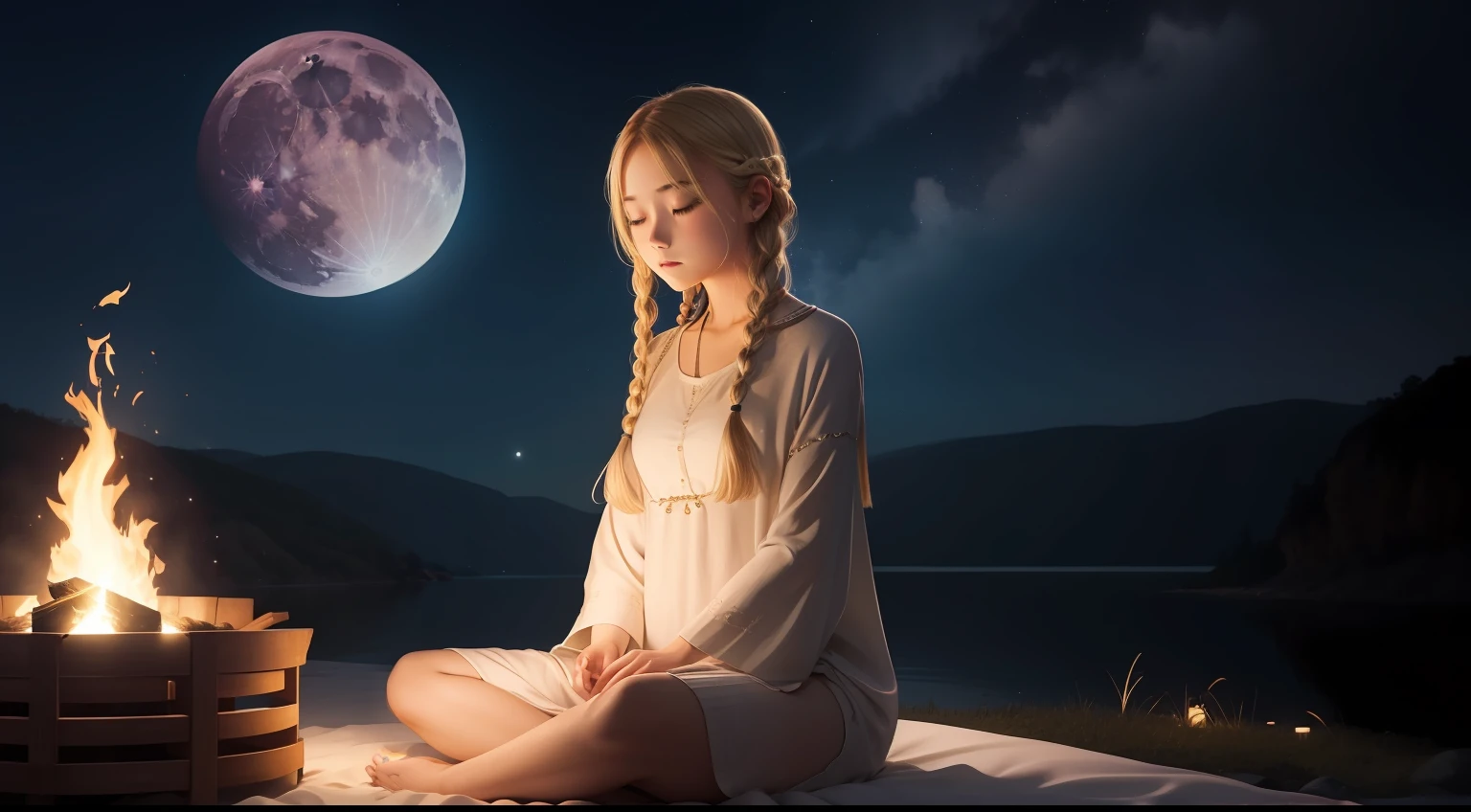 A meditative、girl with、a blond、Braids、Starry sky、Big Moon、bonfire、Rock、Fantastic night、Soft breeze、