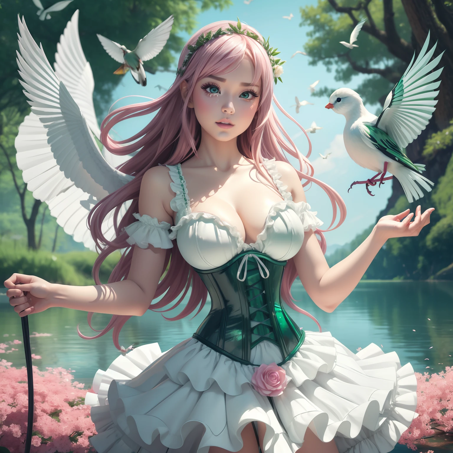 ((Surrounded by birds))An insanely beautifully green eye Girl  with ultra enchanted feature  dancing on a lake,wearing a white lacey skirt, half on and half  pink frilly corset with detached white silky sleeves  flying white ribbons in her red shiny long hair, Wop art Hyperrealism,CGi art,Zbrush art,Oil Paint,Hd8k,Digital Art,Abstract art,Cry Engine Art,