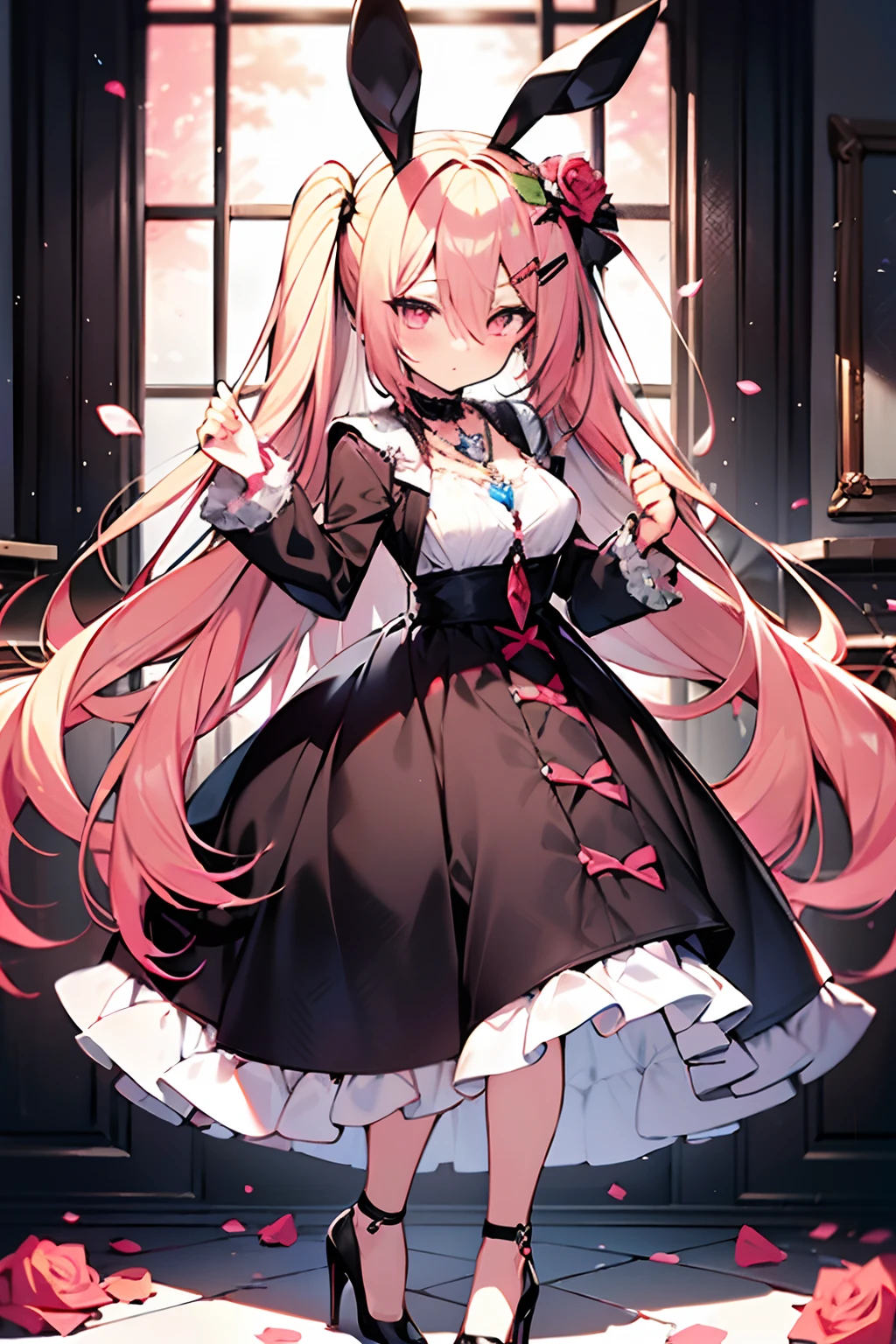 ((masutepiece, Best Quality)), maidennurse, Standing Full Body Main View、blondehair, double ponytails, Pink eyes, bangs between the eyes、Black rabbit ears, Black white and rose red clothes, clothing style: Dress, Rose hair ornament、Pink Rose, Crystal Pendant, Black High Heels, White stockings